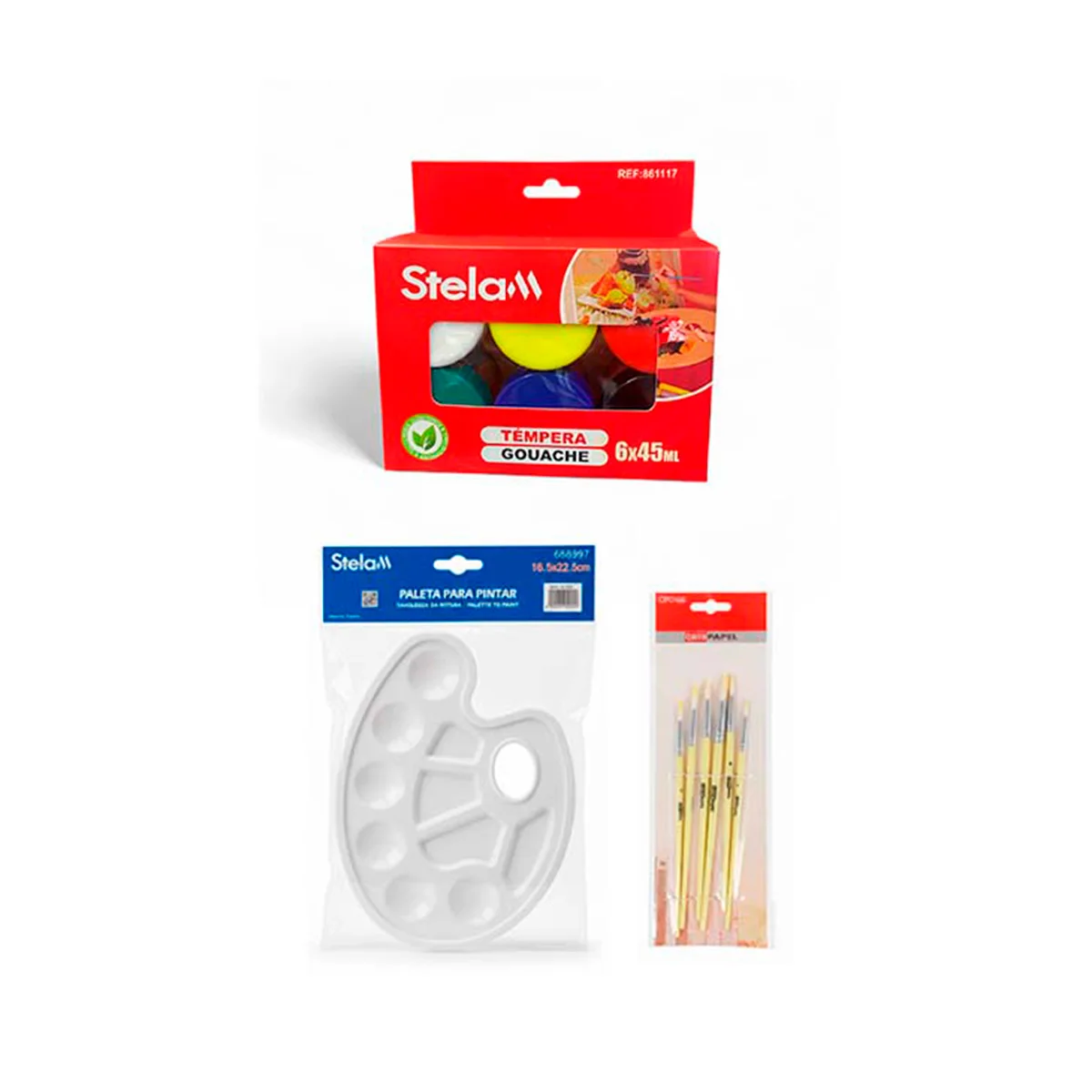 Kit de Arte Stela: 6 Témperas Gouache 45ml + Paleta + 6 Pinceles - Stelan