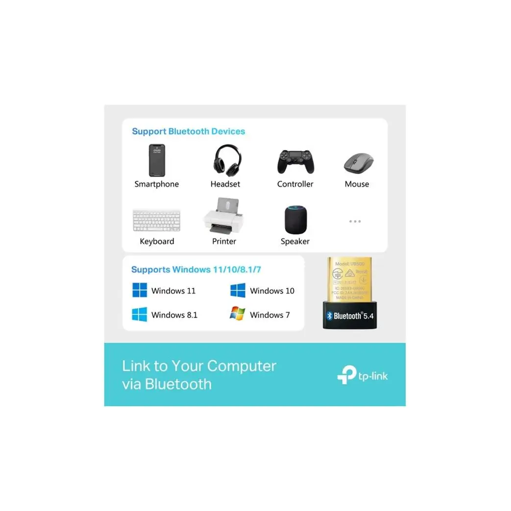 TP-Link Nano USB Bluetooth 5.0 Adapter for Multiple Devices, Long Range Bluetooth Dongle/Receiver for Windows 11/10/8.1/8/7, Plug and Play (UB500), Black