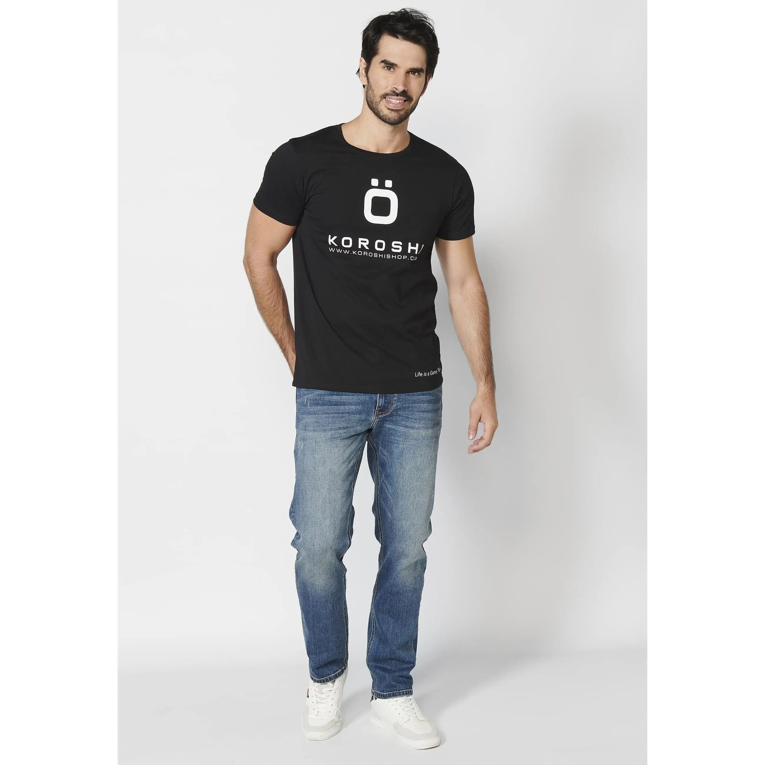 Koroshi men's black front logo cotton short sleeve t-shirt