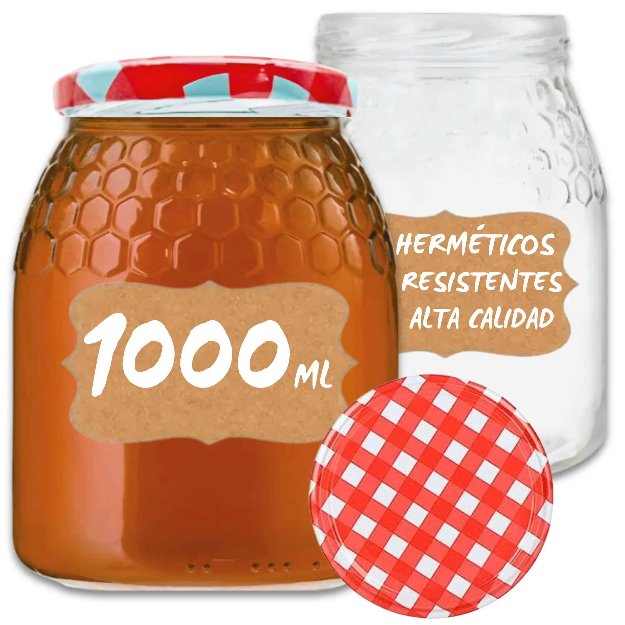 MundoTarros - Tarros de Cristal para Miel de 1 kg con Tapa a Cuadros - Diseño de Celdillas Hexagonales - Conservación Hermética Ideal para Almacenaje y Conservar Miel (1000 gramos)