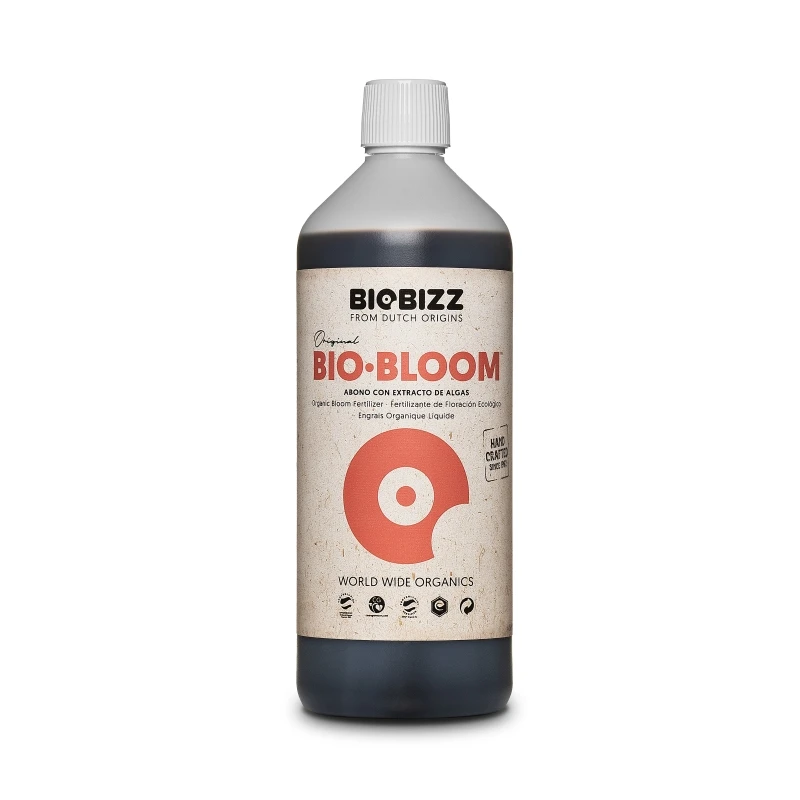 Biobizz bio bloom, complete liquid biological fertilizer that contains a light dose of nitrogen and enough phosphorus and potassium for overflowing flowering
