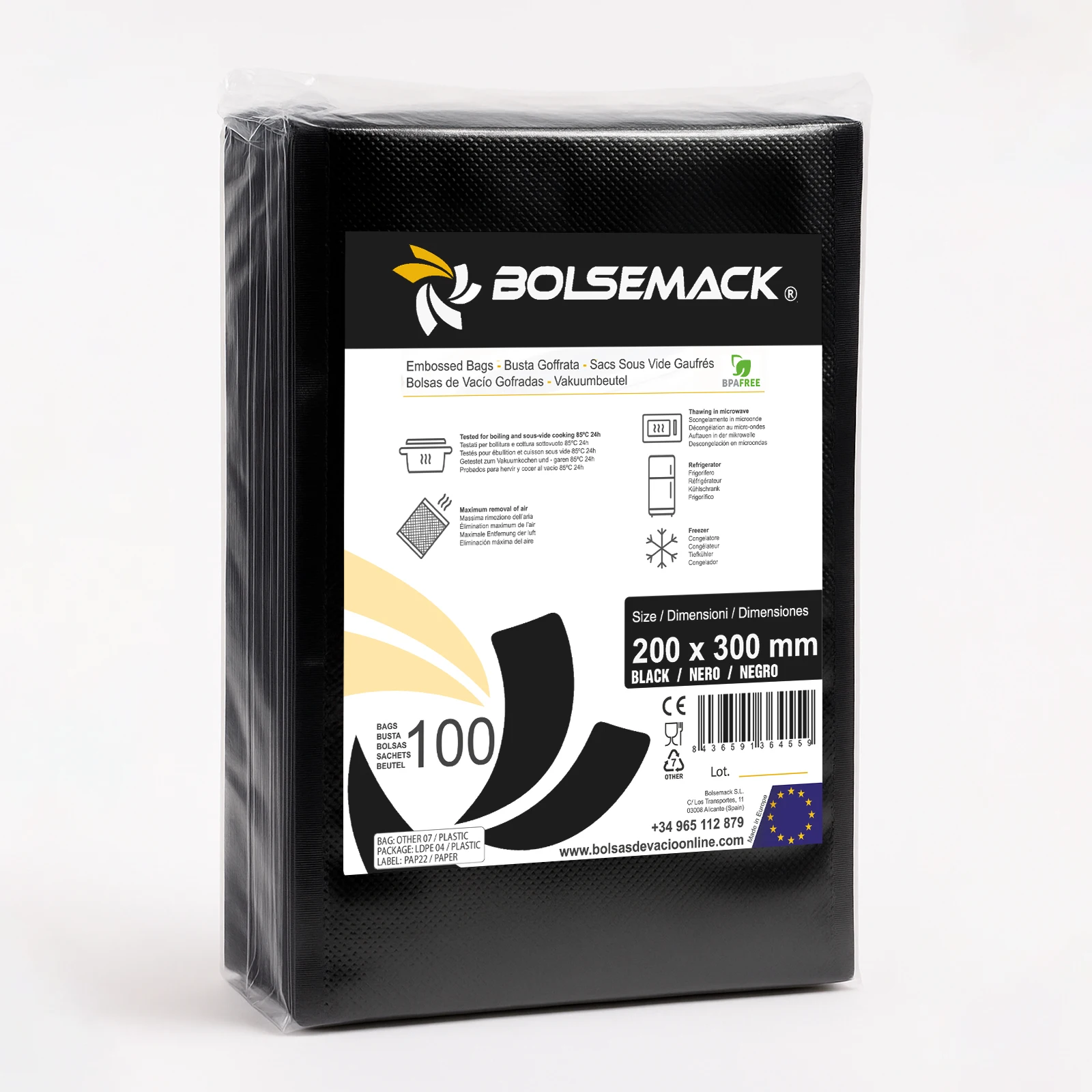 Bolsas de vacío gofrada para envasar alimentos - Bolsemack 20x30 cm (100 Unidades). Trasera negra. Compatible con cualquier envasadora al vacío. Certificado alimenticio. Made in EU