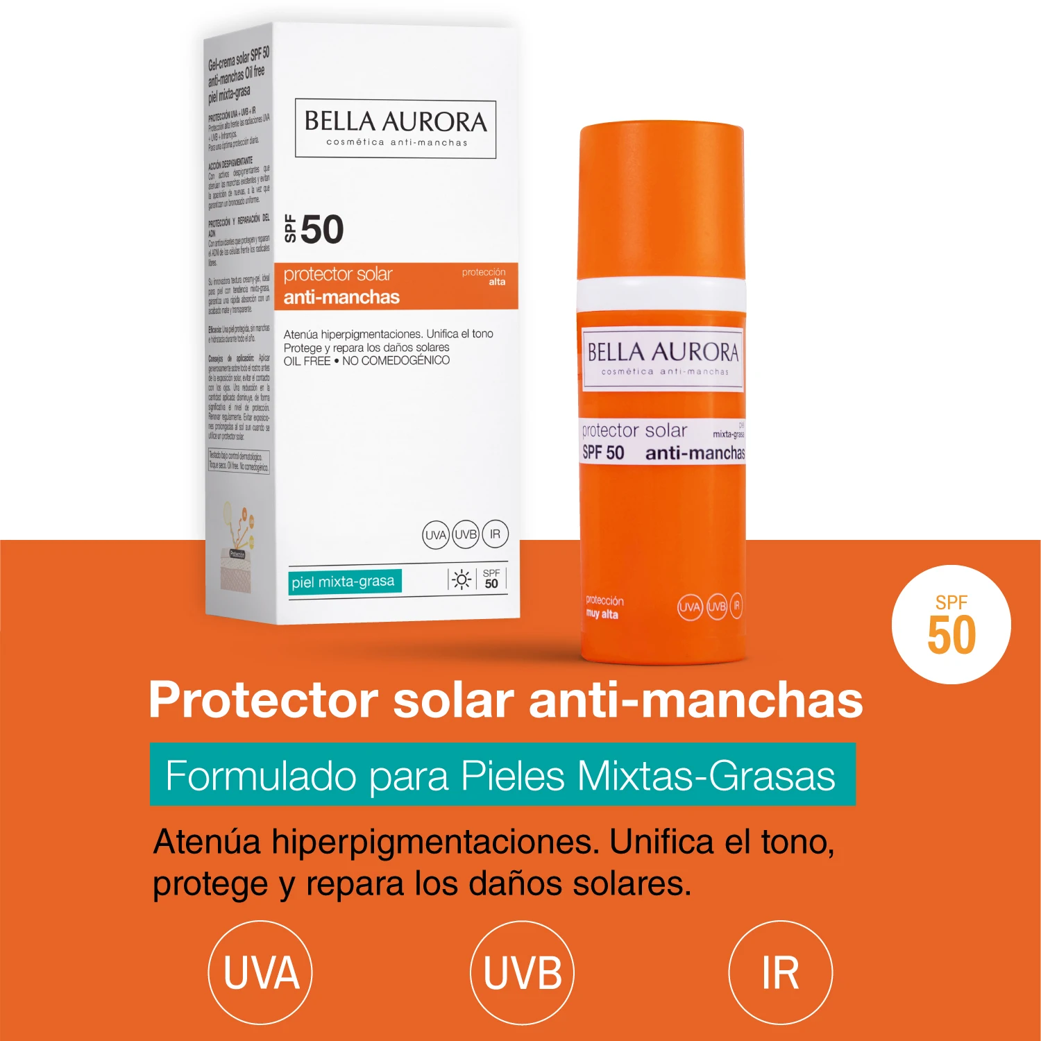 BELLA AURORA Sunscreen SPF 50 + 50 ml for Mixed-Fat Skin Sun Cream Anti-Spot Face Sunscreen Sunscreen Sunscreen Quick Absorption Calm Skin Daily