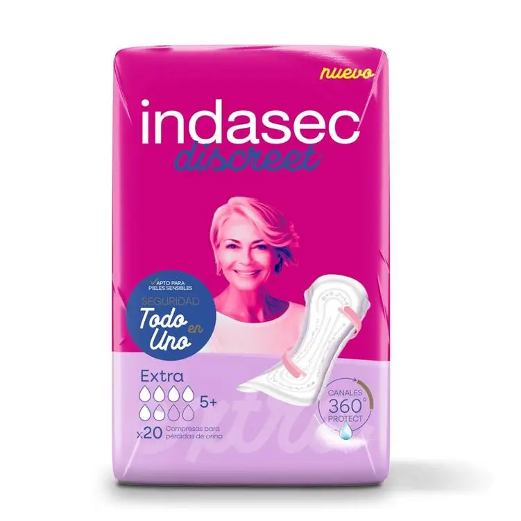 Pack de 8 bolsas - Indasec compresas discreet extra, 160 unidades para pérdidas leves de orina