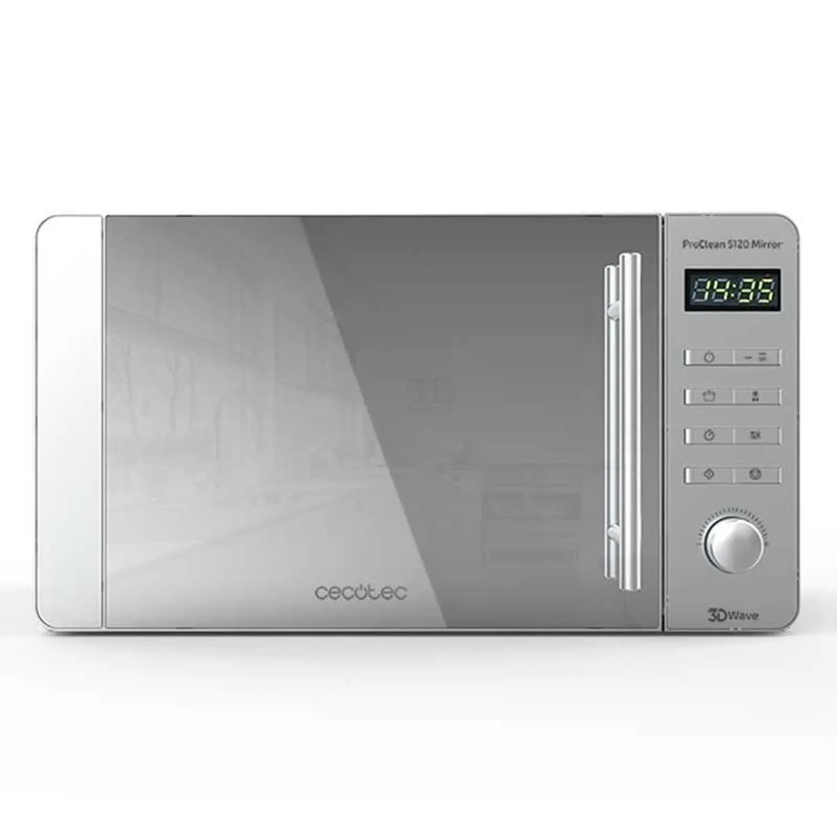 Forno micro-ondas Cecotec ProClean 5120 Mirror, capacidade 20L, potência 700W, 8 programas automáticos, função grill e interior fácil de limpar com porta espelhada na cor cinza, perfeito para aquecimento e descongelamento rápidos.