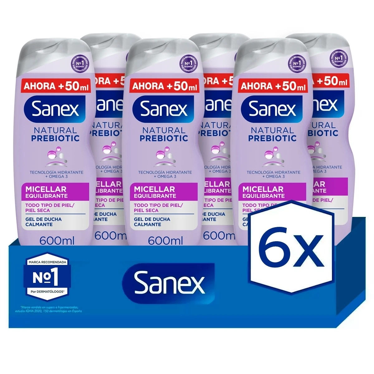 Gel de Ducha Sanex BiomeProtect Micellar sin jabón 550 ml + 50 ml Pack de 6 | Protección Natural y Limpieza Suave Sin Jabón. Limpia delicadamente y refuerza tu piel.