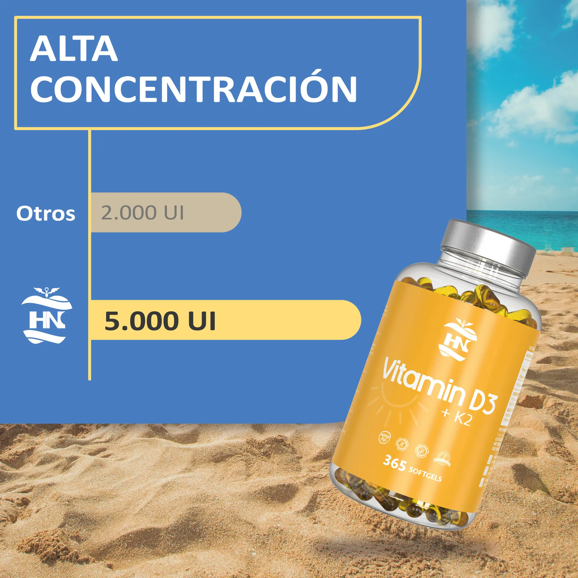 HN - Healthy Nutrition - Pack Omega 3 & Vitamin D3-Bone System-Omega 3 Capsules 2000 mg Fish Oil Base Omega3-120 White Pearls of Fatty Acids Omega 3 800mg EPA - 400mg DHA 1000mg - 365 Vitamin D3 K2 Capsules-Vitamin D (5000) #6