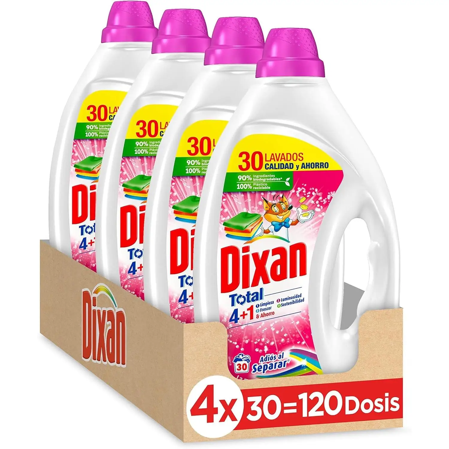 Dixan Detergente Líquido Lavadora, Adiós al Separar Total 4 en 1, (pack de 4, total: 120 lavados) Limpieza, luminosidad, frescor y sostenibilidad para la ropa de color