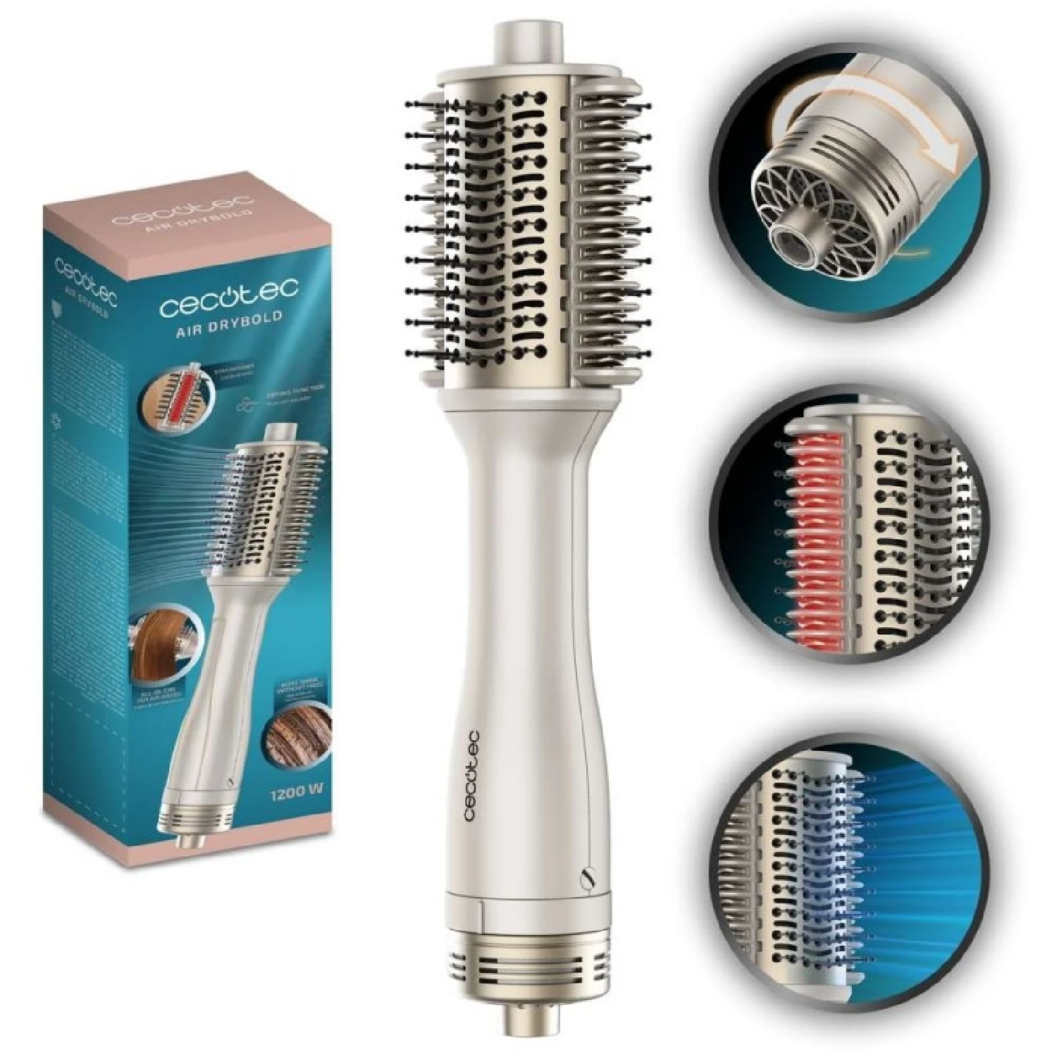 Cecotec Cepillo de Aire Placas Calefactoras Air DryBold. 1200W, Seca, Alisa, Moldea, Da Volumen y Desenreda, Generador de Iones