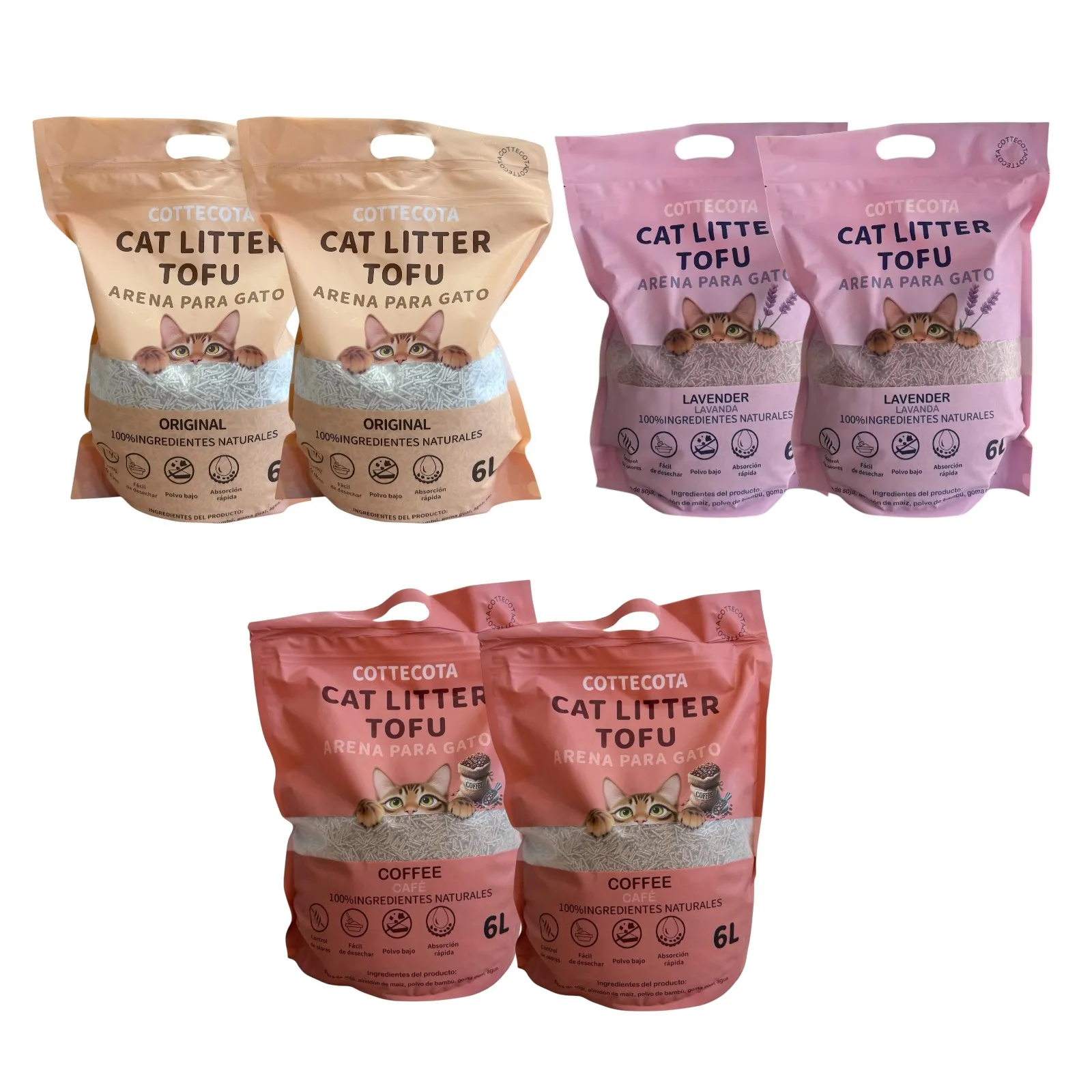 COTTECOTA - Pack 6 Arena Tofu para Gatos 6 L  Vainilla Lavanda Café Tofu ecológico Vegetal, Lecho natural para Gatos Libre de Polvo Arena Natural Aglomerante ,Arena para mascota vegetal absorvente ,