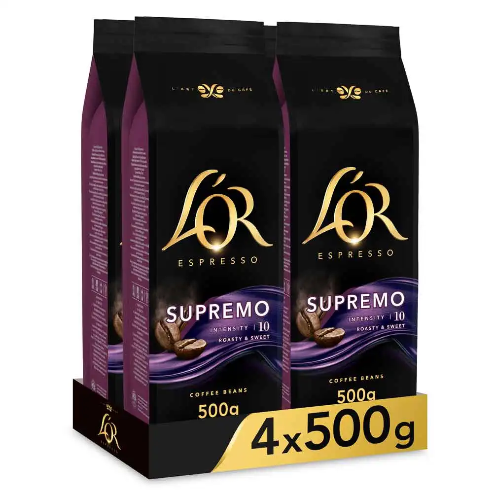 SUPREMO Espresso 4 paquetes de 500 gr. Café en grano L'or