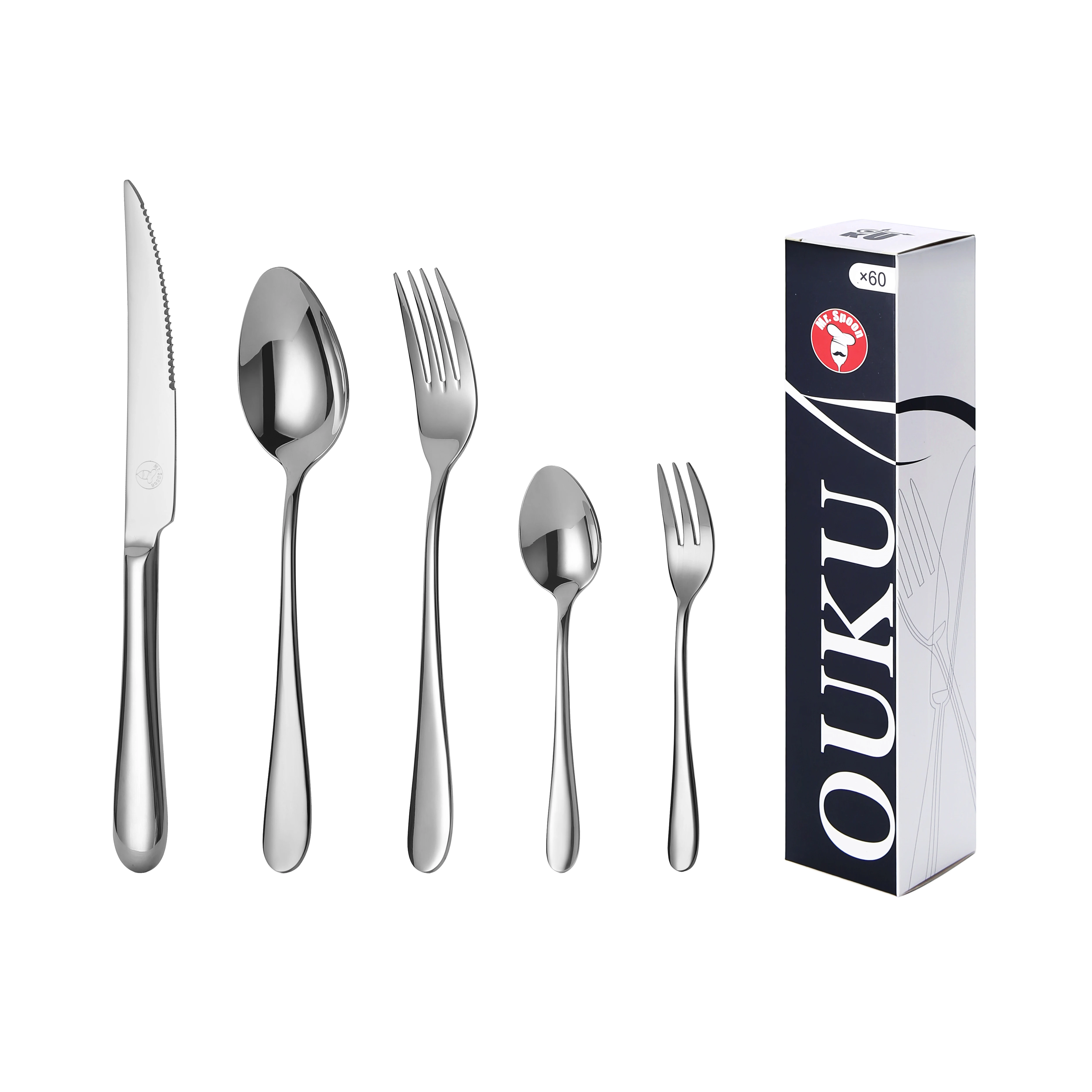 Mr.Spoon Serie Luna Juego 60 o 72 piezas cubiertos,Acero inoxidable 18/10,Plateado,Alta calidad y acabado,Incluye cuchillo carne o mesa,tenedor,cuchara,cucharilla,etc,Diseño moderno y elegante,Apto