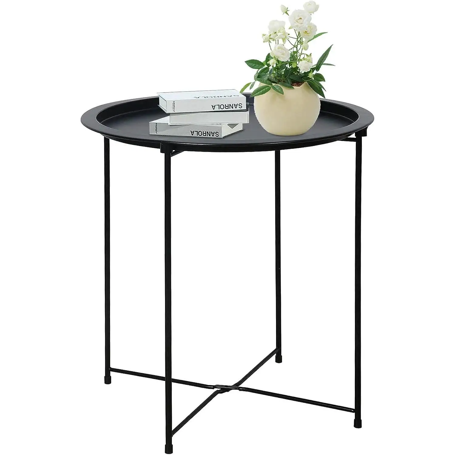 Mesa Auxiliar Redonda Mesa de Café y Té, 47 x 51cm, Bandeja de Metal, Mesita de Noche Mesita de Sofá