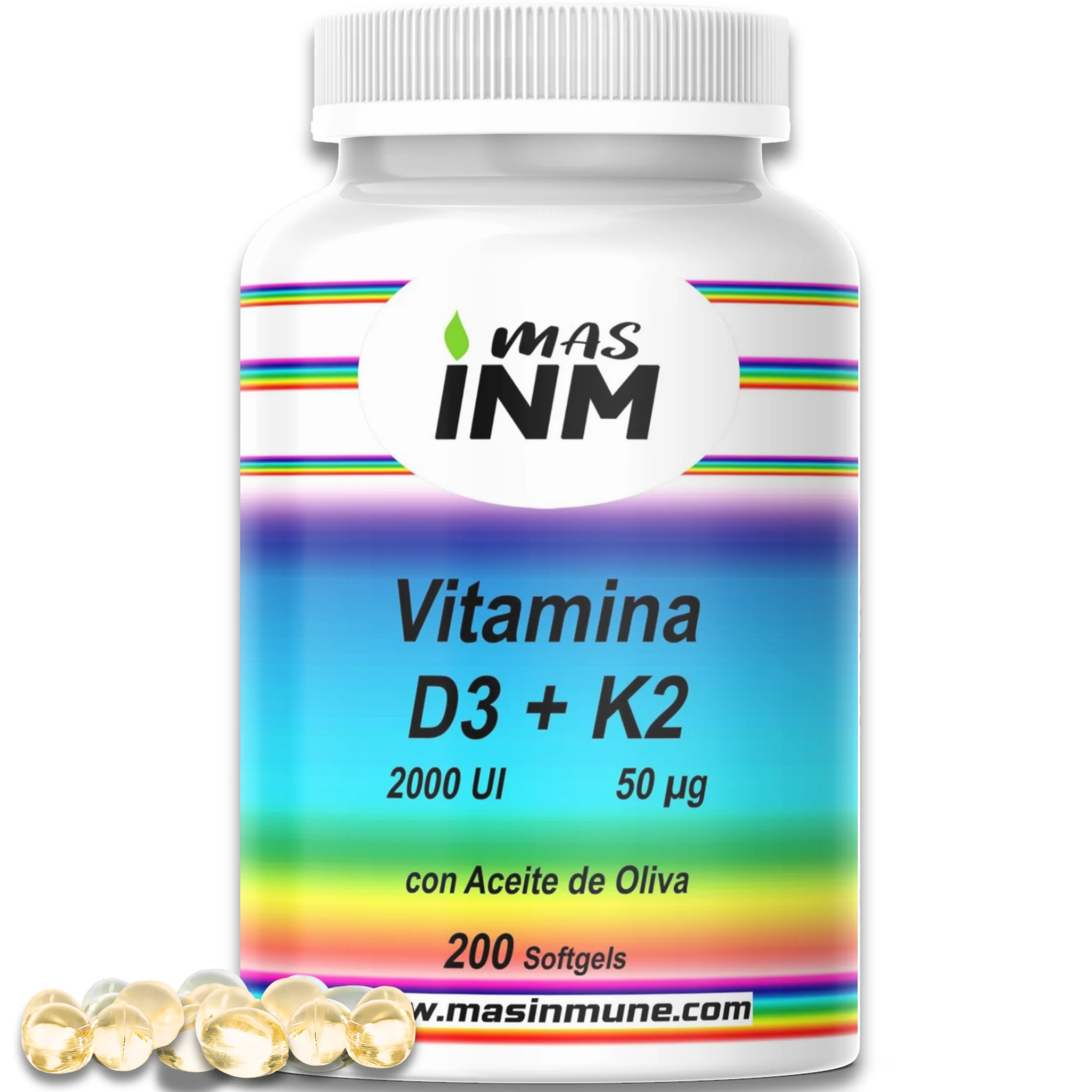 Vitamina D3 y K2 2000 UI con Aceite de Oliva - 200 Perlas - Apoya al Sistema Inmunológico - Huesos y Músculos  Masinm