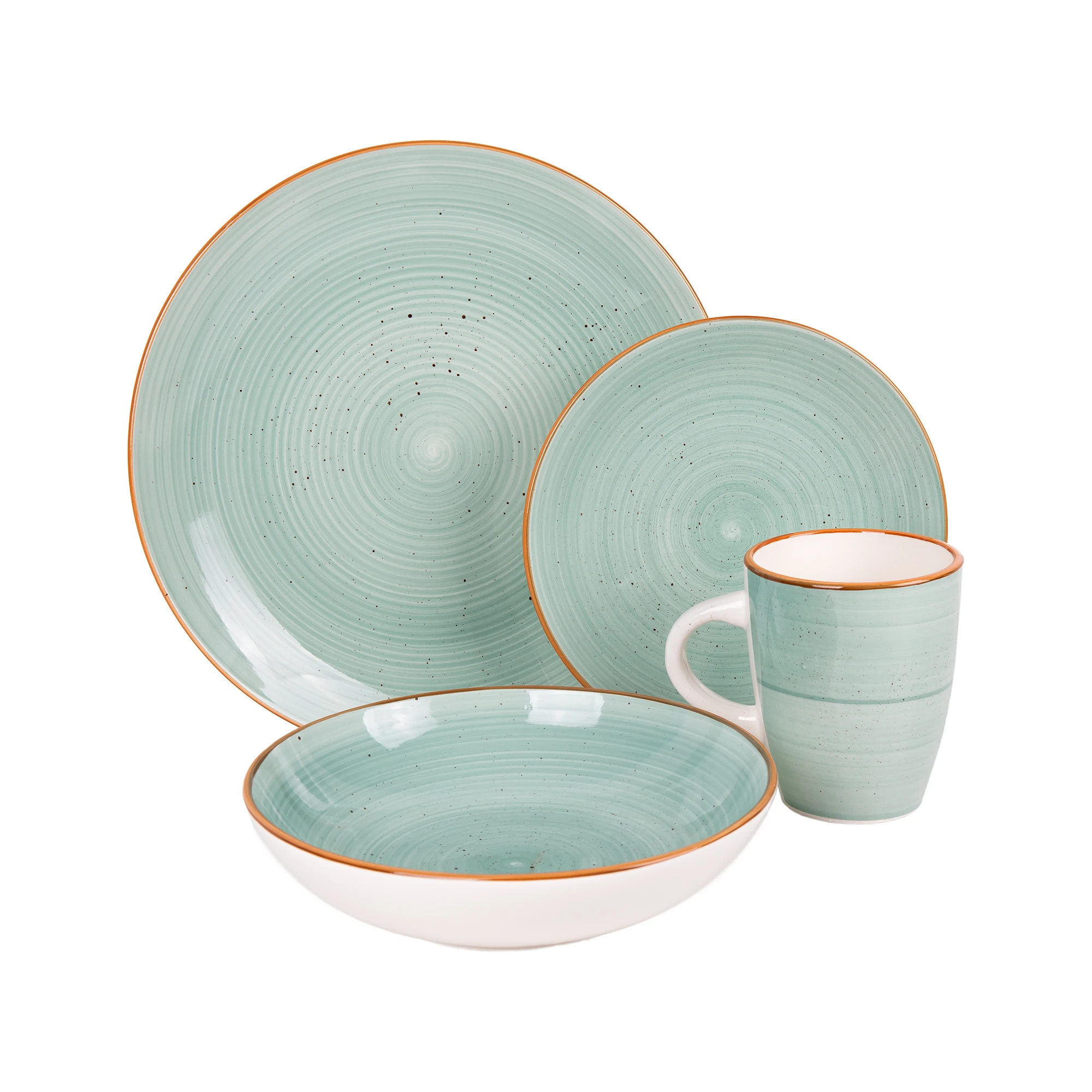 Cofan Vajilla de cerámica color verde agua pintada a mano | Set de 16 piezas | Apta para lavavajillas, microondas y horno