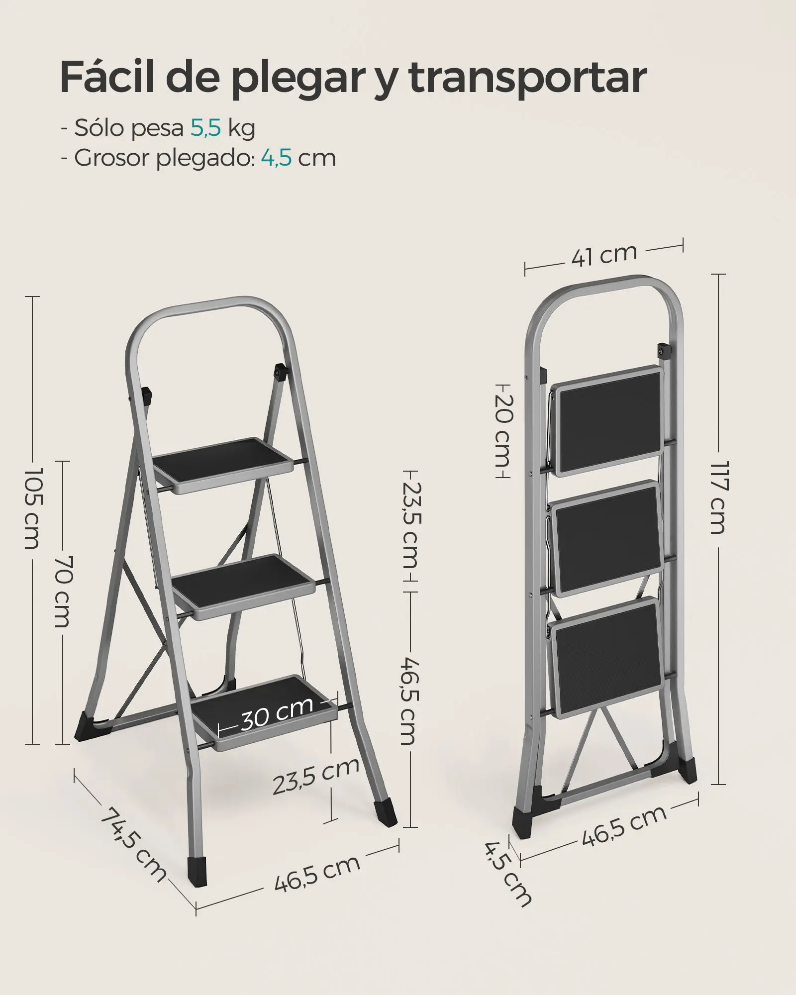 Robust 3-step folding ladder with armrest, working height 260 cm, load capacity 150 kg