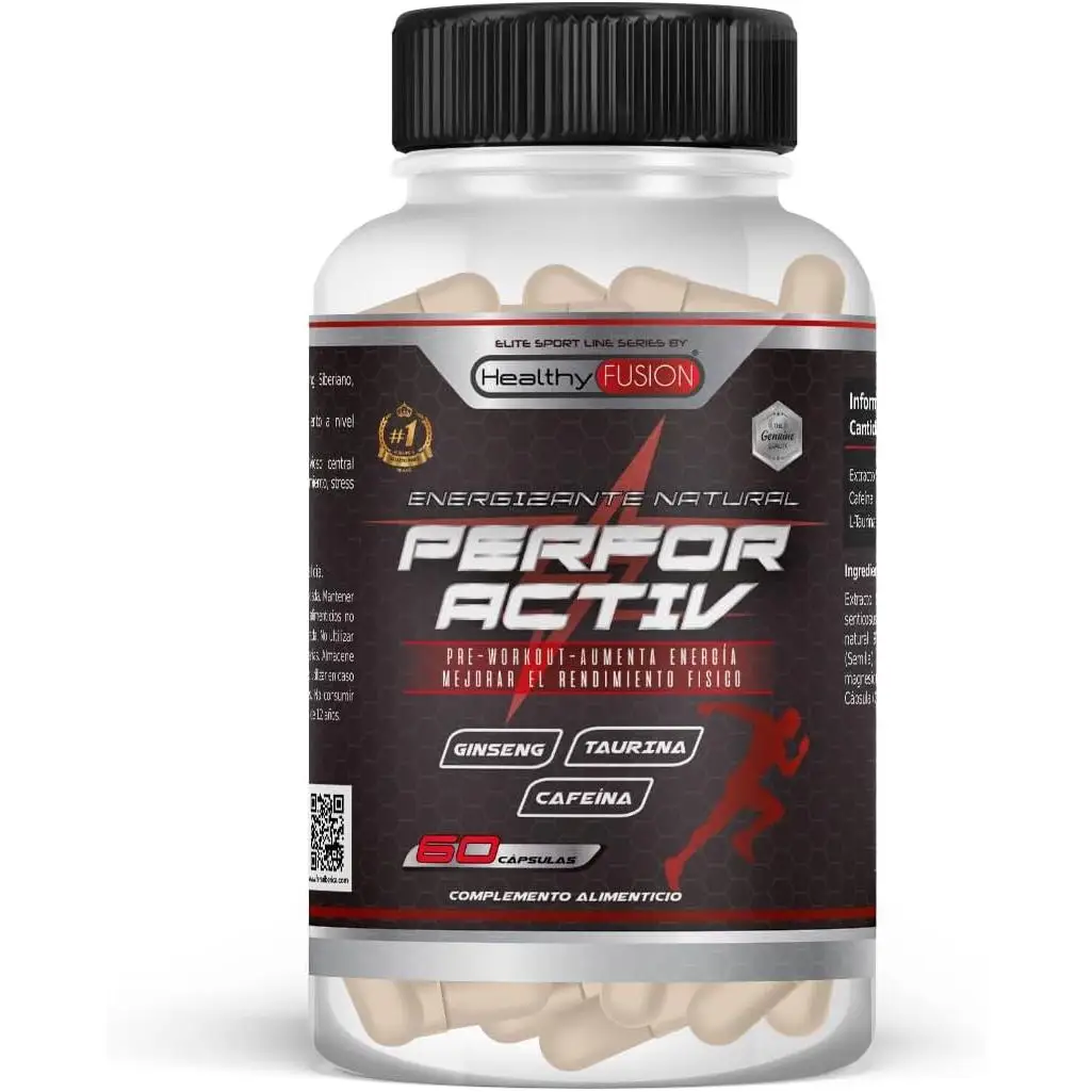 Healthy Fusion Perfor Activ | Potente Pre-Entreno | Cafeína, Taurina y Ginseng | Estimulante energético | Aumenta la resistencia | Suplemento deportivo para hombres y mujeres | 60 caps
