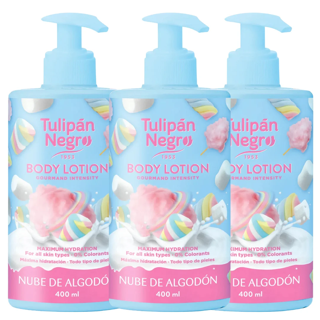 El paquete de 400 ml de loción corporal de tulipán negro de nubes de algodón de 3 piezas ofrece hidratación profunda, suavidad y un aroma dulce y envolvente a tu piel. es ideal para el cuidado diario