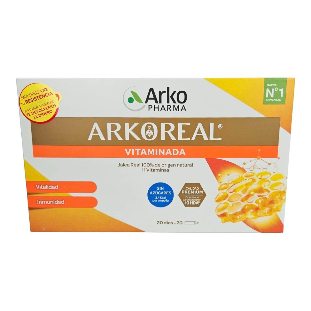 Arkoreal® Jalea Real Vitaminada Sin Azúcar (20 Ampollas) - Refuerzo Inmunitario y Energía Natural con 11 Vitaminas - 100% Bio y Sin Edulcorantes Artificiales