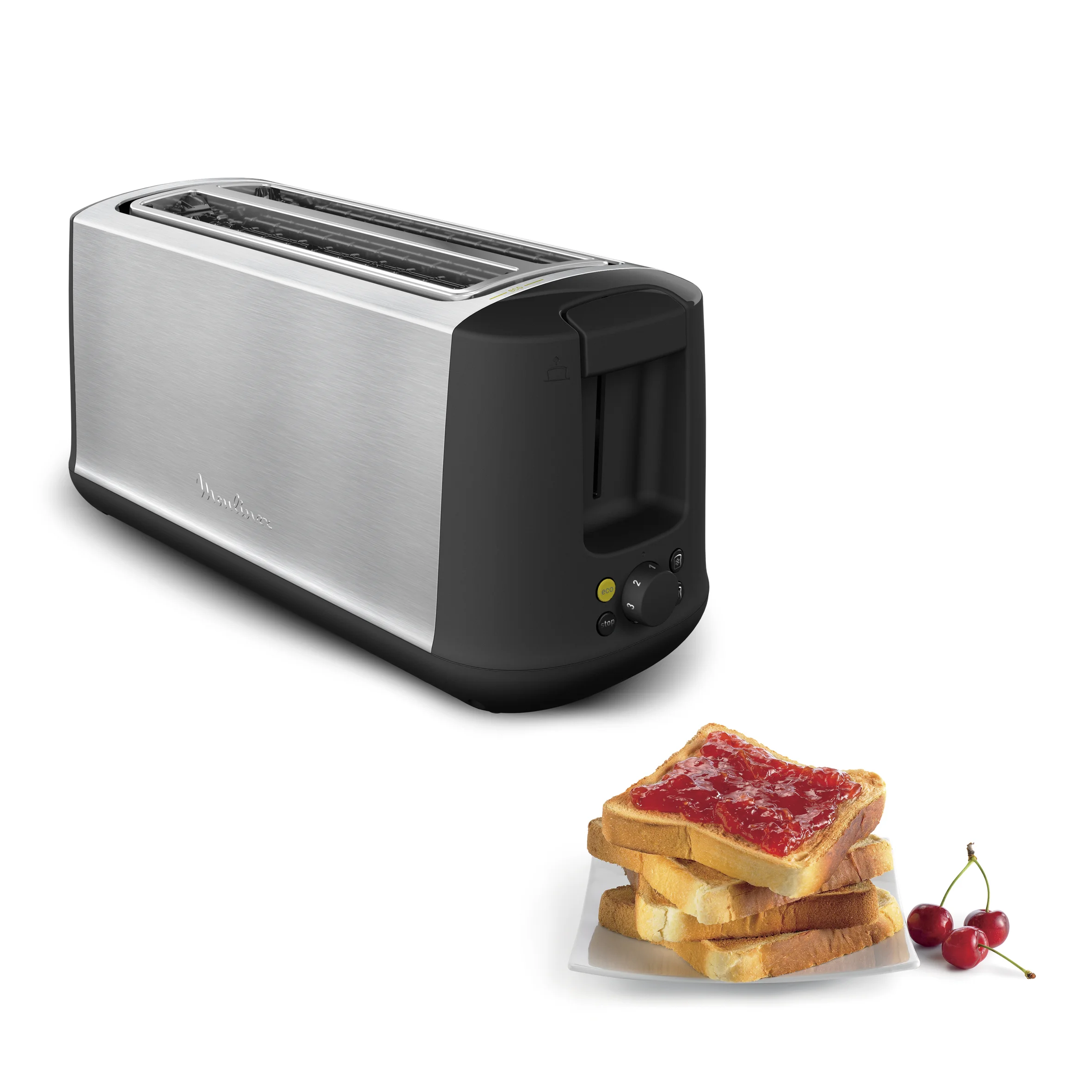 Moulinex Subito Select Tostadora, 2 ranuras largas, 7 niveles de tostado, descongela, recalienta, función ECO, exterior acero inoxidable, bandeja recogemigas extraíble, palanca elevadora, Negro, LS342D10