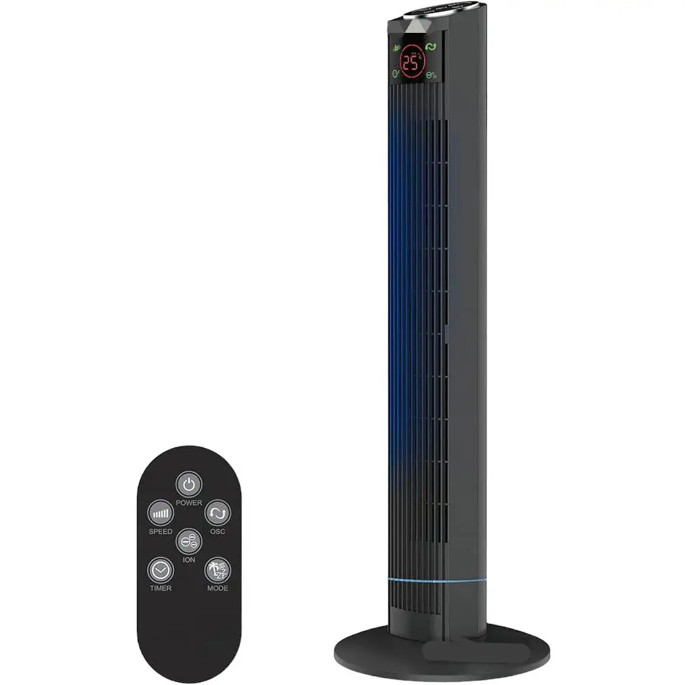 Amzdeal silent tower fan with led display, remote control, 3 speeds, 3 modes, portable fans. Black