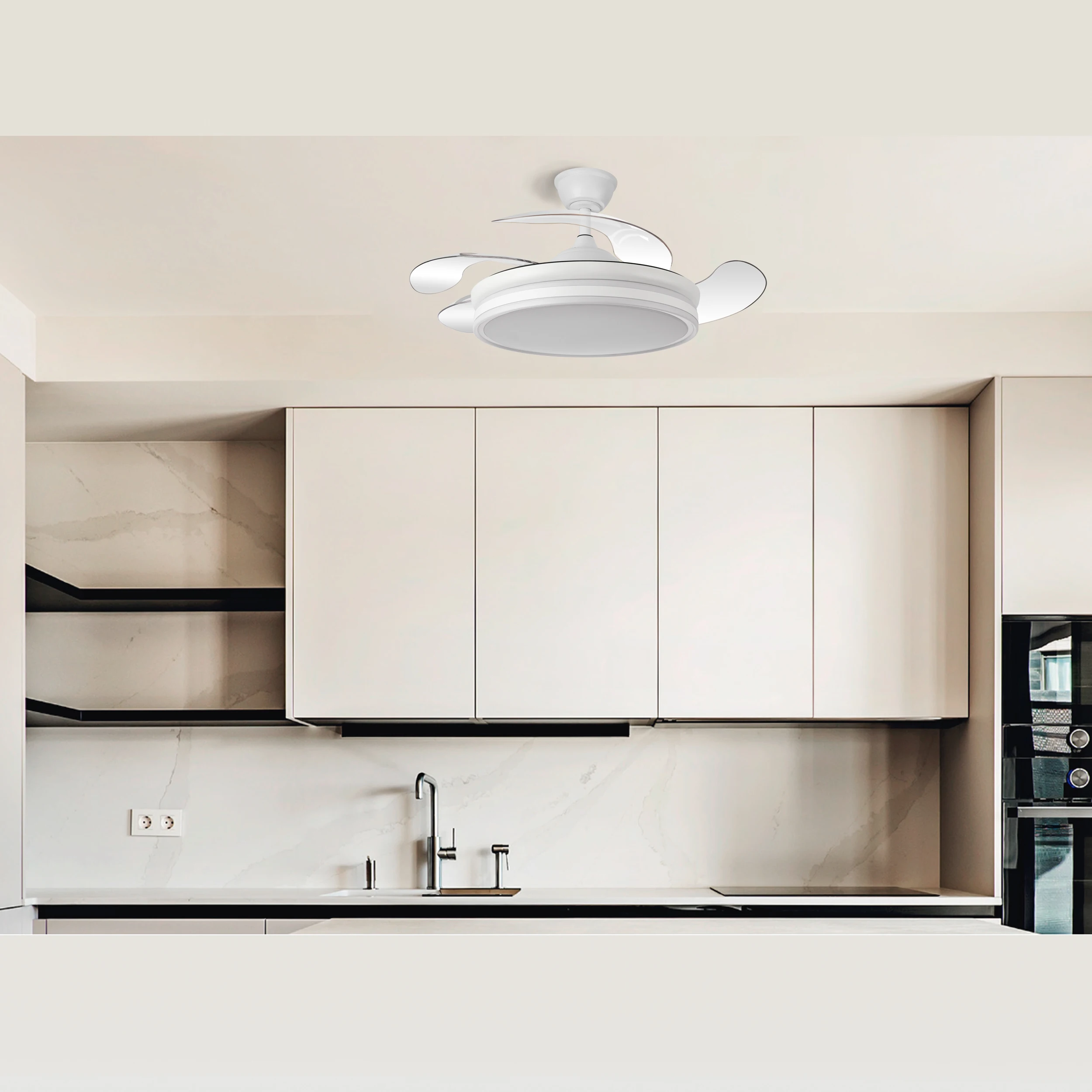 Ceiling fan BAYOMO NEW DC 59w 6980lm White, 4 folding blades, dimming intensity and light tone 3000K, 4000K, 6000K with remote control. Measures 34,5/42x50 Ø/107 øcm-Abrila-Fabrilamp - Dimable. Includes two tijas. 12,5cm and 25c