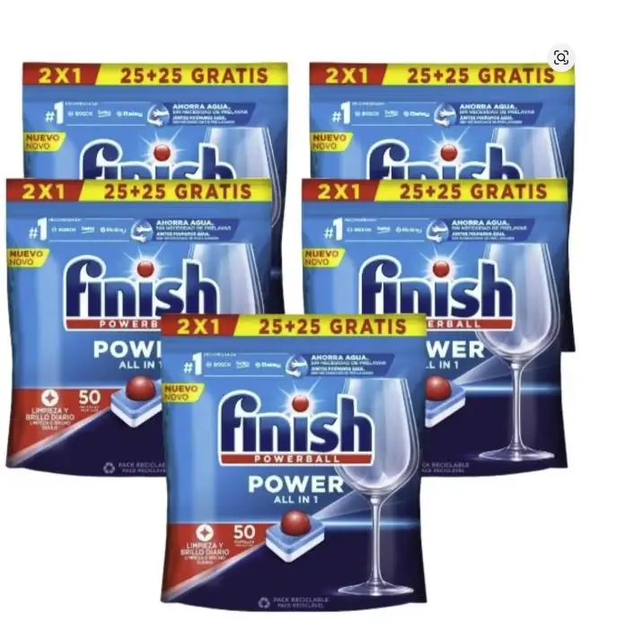 Finish Power All in 1 - Pack de 5 Paquetes De 25+25 (250) Pastillas para lavavajillas sin fosfatos, con potente Powerball para eliminar las manchas de grasa más difíciles.
