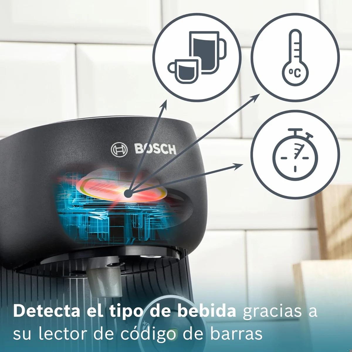 Bosch Tassimo Finesse Capsule Coffee Maker, 0.7L capacity, IntelliBrew technology, OneTouch feature for easy operation, perfect for making up to 40 coffee specialties at home with a compact design.