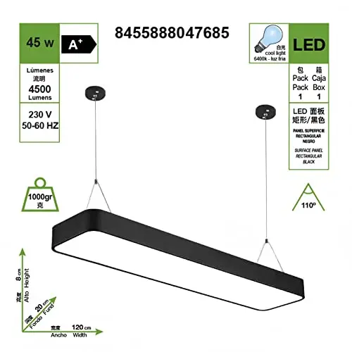LED PANEL SUPERFICIE 20CM X 120CM RECTANGULAR NEGRO 45W 6400K