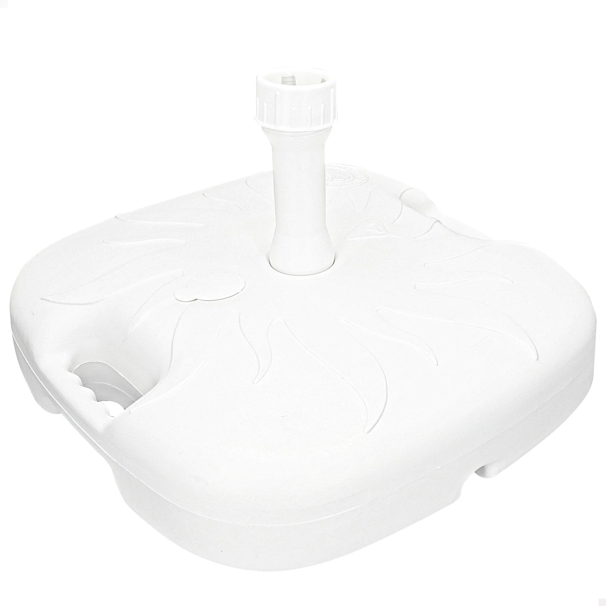 Soporte para sombrilla Aktive, base rellenable blanca, medidas 45x29cm, resistente, con protección solar.