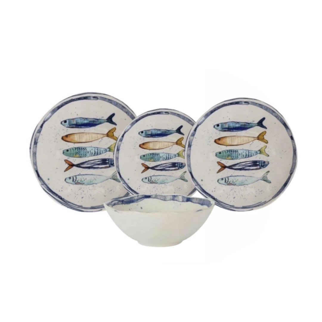 MAXHOME-Vajilla Redonda Colección Iberica Peixe 16 Piezas,Porcelana Premium-Diseño de pez