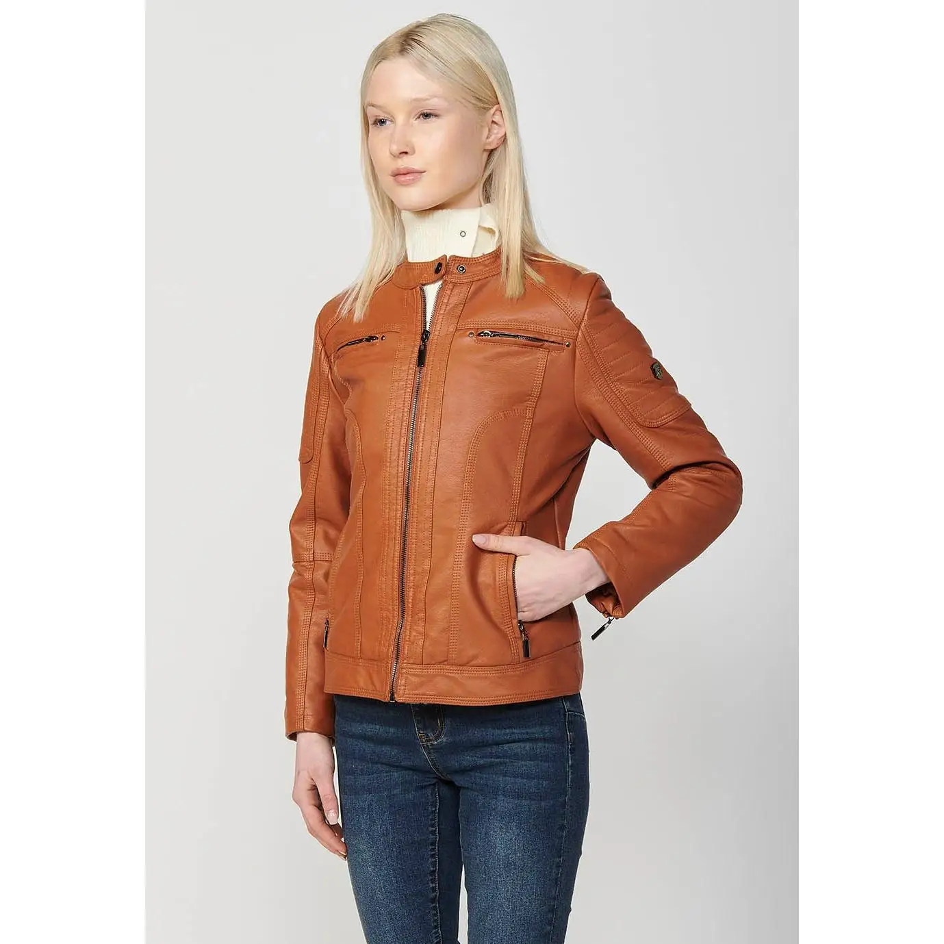 Koroshi women's synthetic hair lined polyskin camel biker jacket