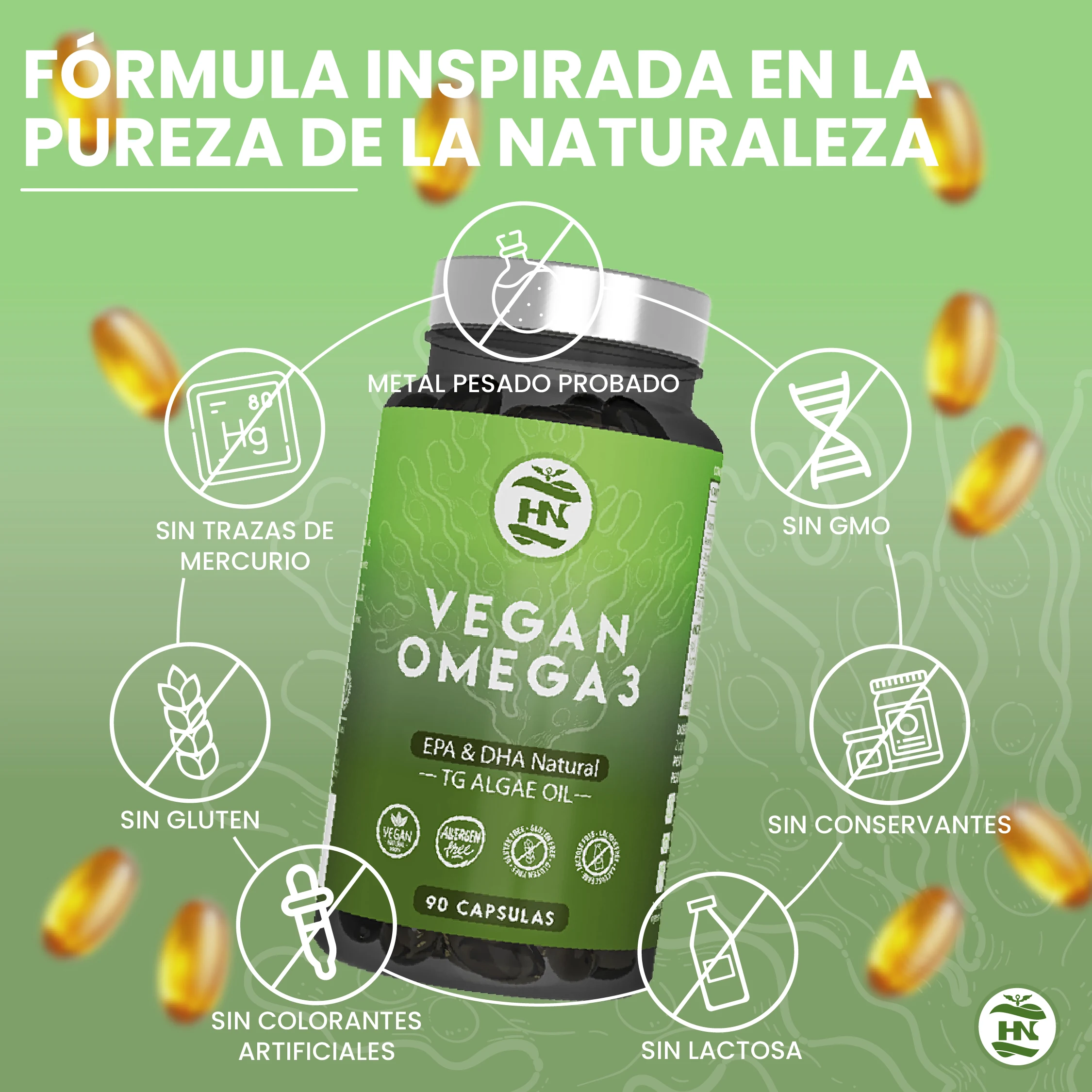 Hn - healthy nutrition omega 3 vegan algae (90 caps, 45 days) omega 3 algae oil balanced with dha and epa, omega 3 seaweed with vitamin e, ideal for brain and heart, supplement for vegans-vegetarian #3