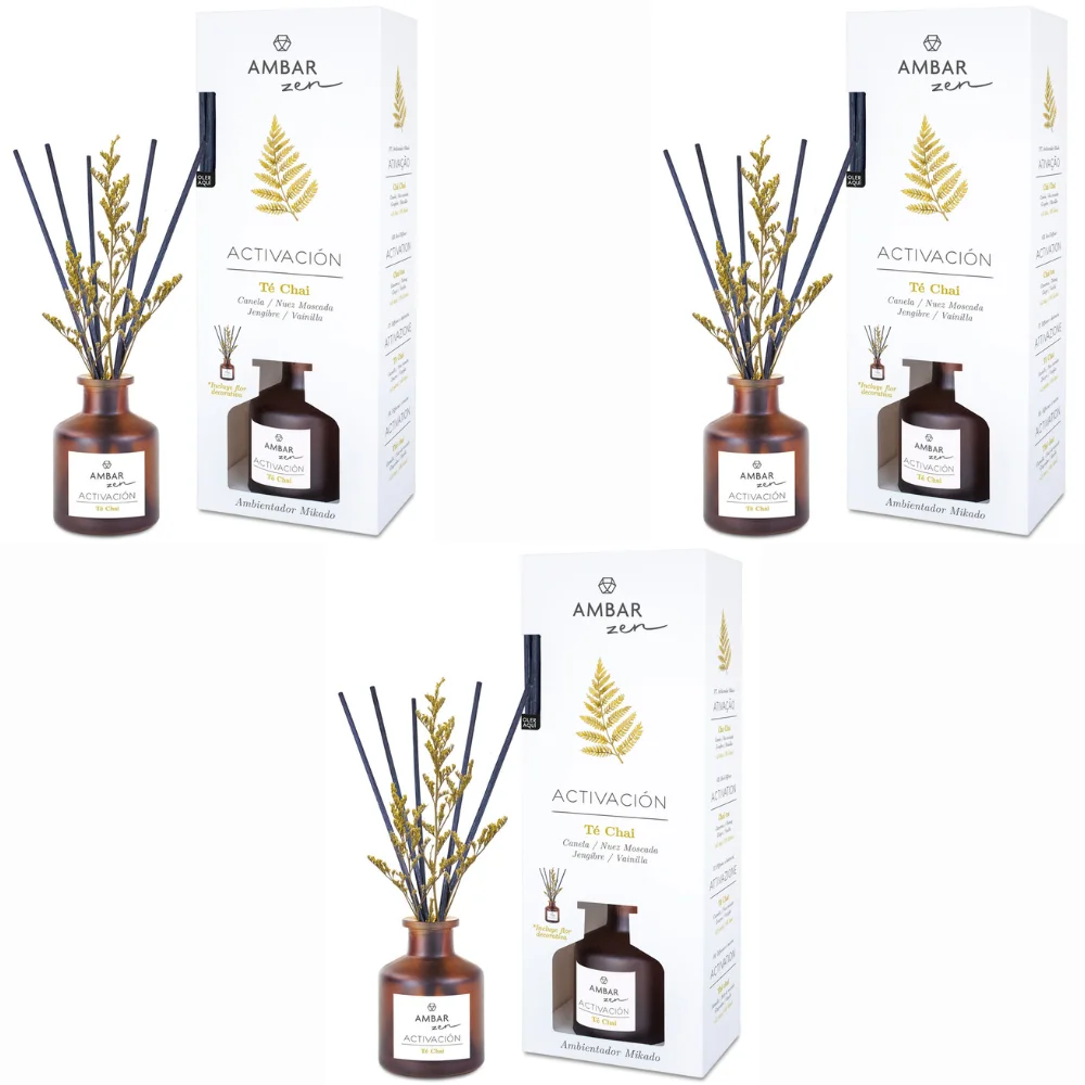 Pack 3 Chá Mikado Chai Âmbar Zen 40 ml - Canela, Noz-moscada, Gengibre, Baunilha - Ambientador