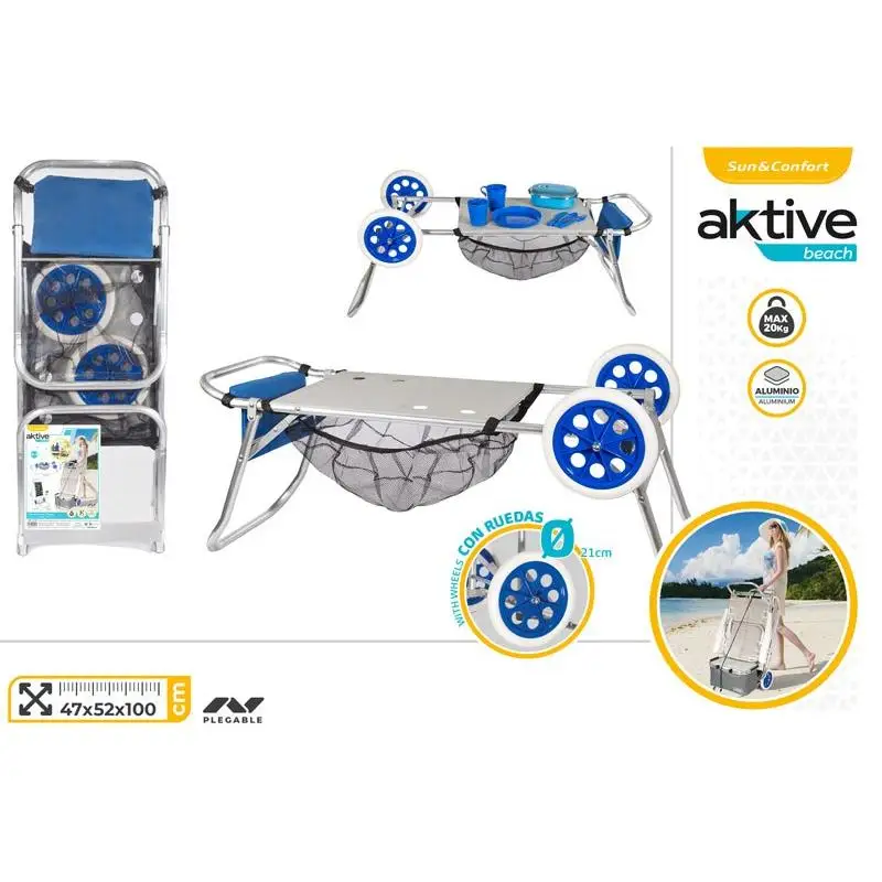 AKTIVE Carro de playa plegable convertible en mesa 2 en 1, Medidas 47x52x100 cm, Peso máx 20kg, Portatodo multiuso para la playa, camping, eventos, Fácil de guardar y transportar Calidad AKTIVE