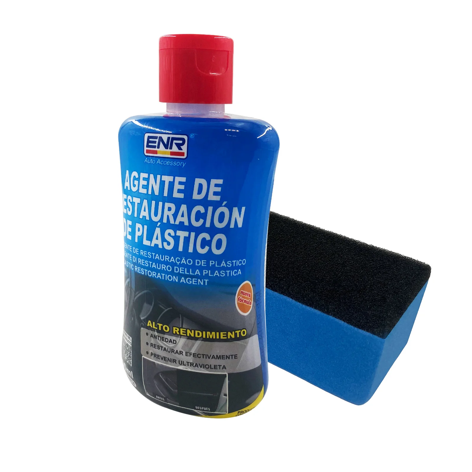 🥇Enerfero-Restaurador De Plasticos Coche,Renovador de Plásticos y Gomas para Automóviles,Restaurador Gomas Viejas Recupera Brillo Interior y Exterior para Lavado en Casa,200ml+Esponja Premium