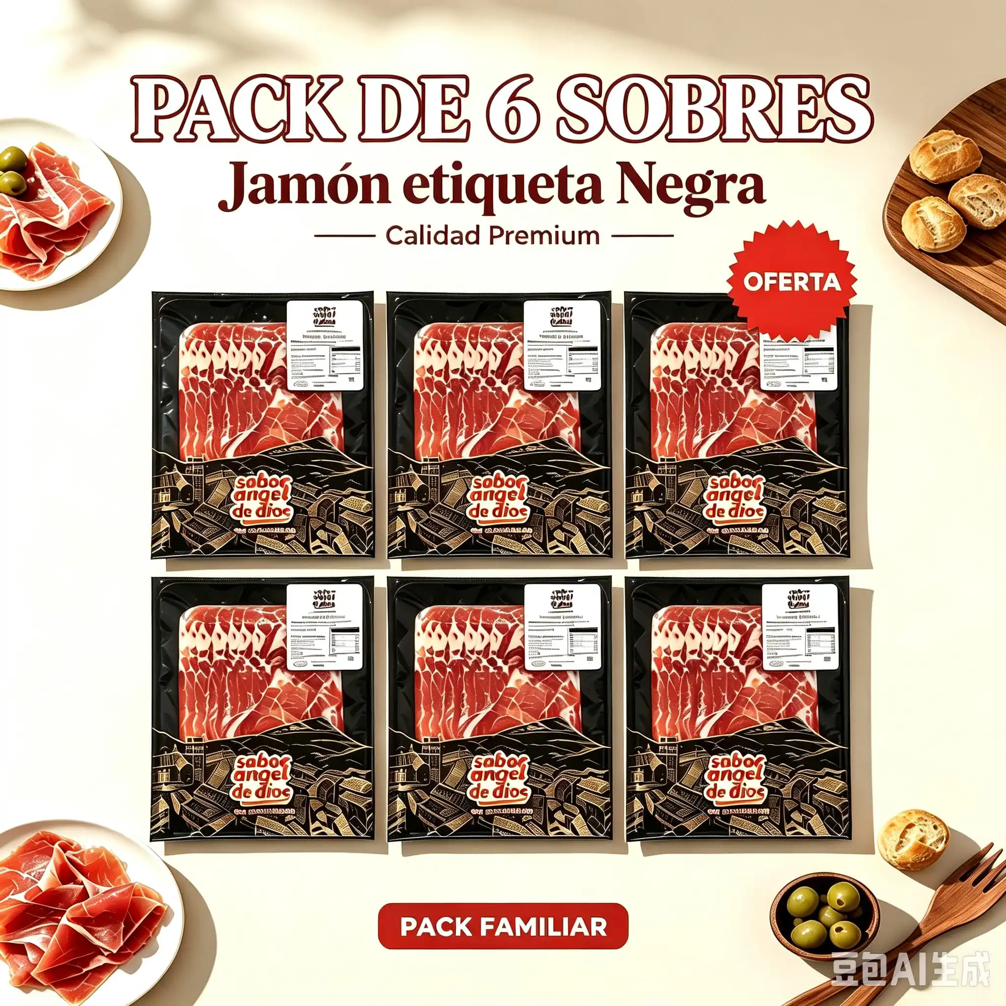 PETALOS DE JAMON IBERICO SABOR ANGEL DE DIOS - 6 SOBRES, 150GR CADA UNO - TOTAL 900GR - ETIQUETA