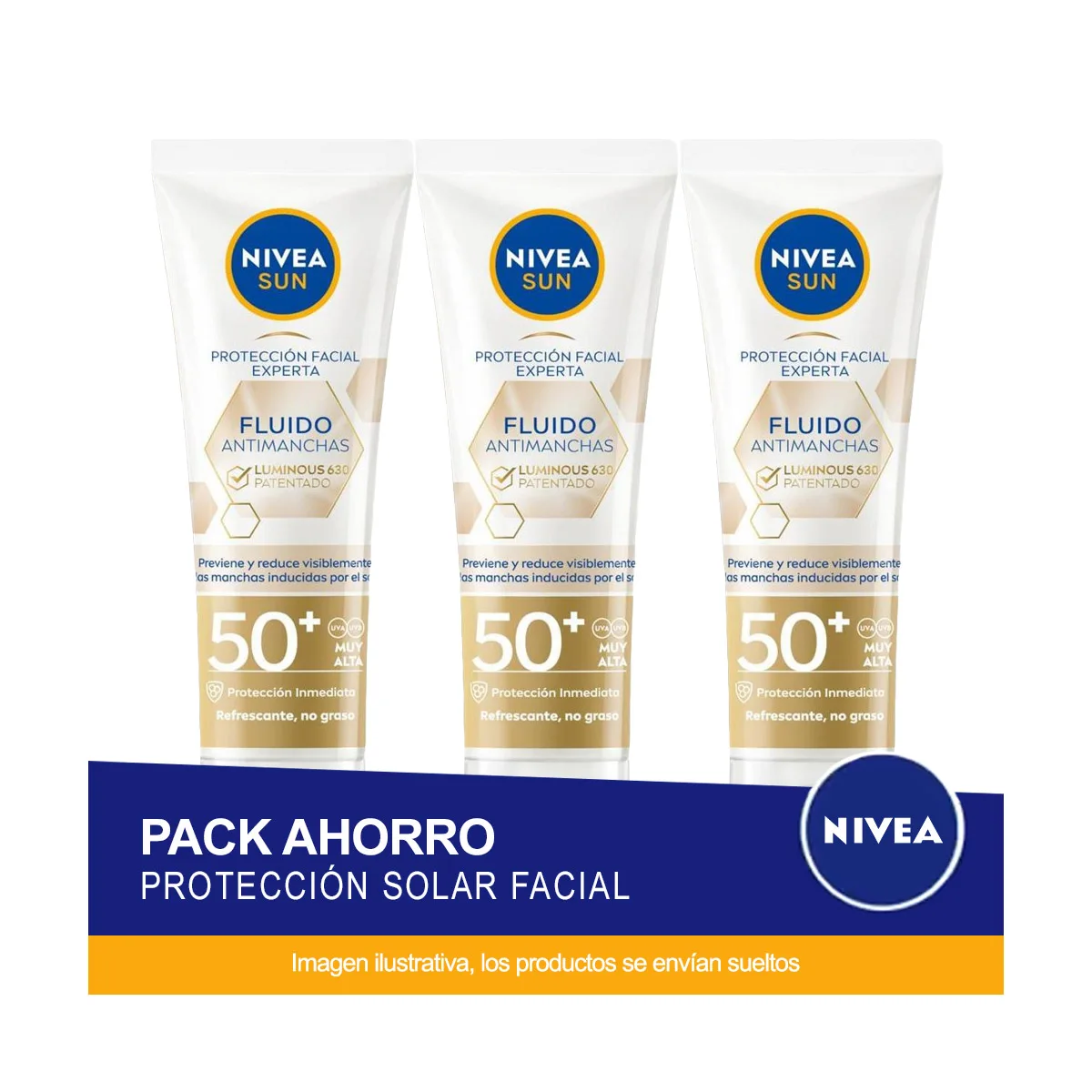 NIVEA SUN Pack ahorro Protección Facial Fluido Antimanchas Luminous 630 FP50+. Protección UV alta. Pack de 3 unidades