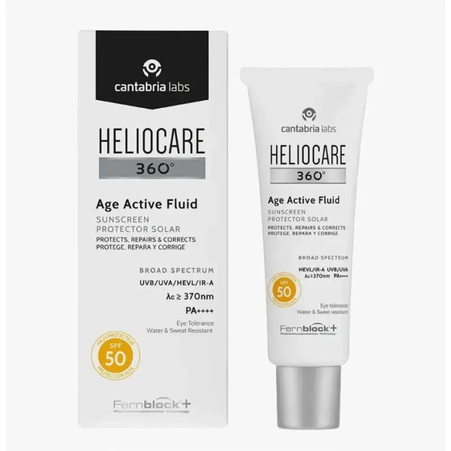 Heliocare 360° Age Active Fluid Spf 50, SIN COLOR Fotoprotección Facial, Ultraligero, con Triple Complejo Antiedad, Previene el Fotoenvejecimiento, 50Ml