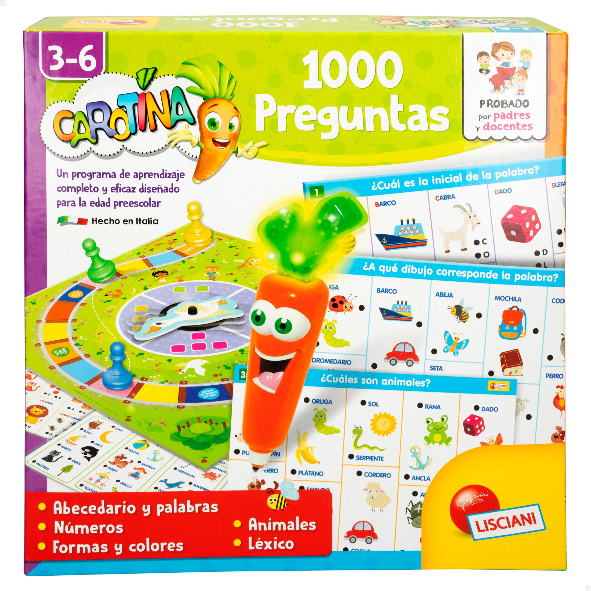 Juego Carotina Lisciani infantil 2 en 1 con bolígrado parlante, 1.000 preguntas, 24 piezas