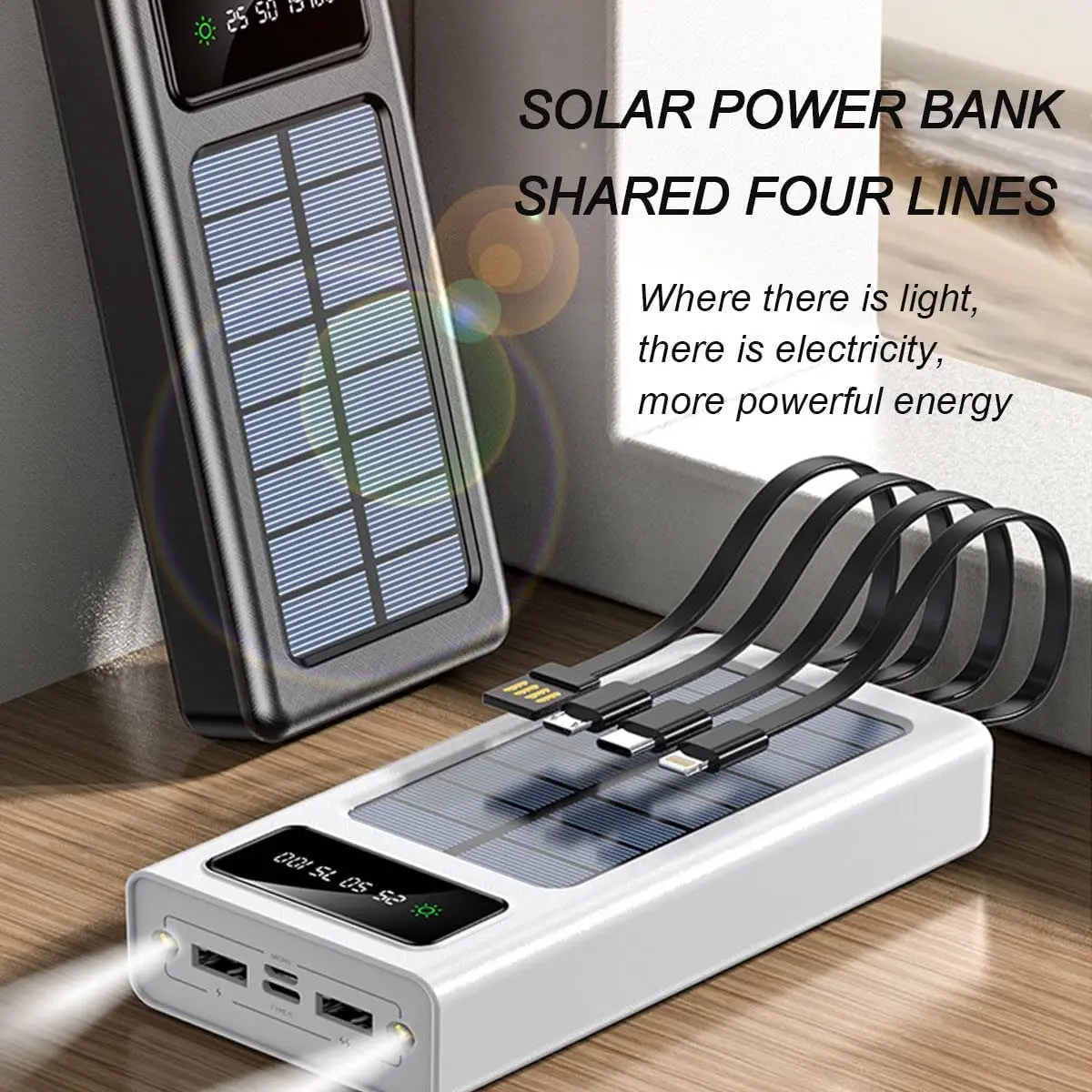 Cargador portátil Solar Power Bank 12000Mah/20000Mah Gran Capacidad Incorporado 5 Salidas y 3 entradas Cable y Linterna Compatible con Todos los teléfonos Inteligentes y Dispositivos USB 7