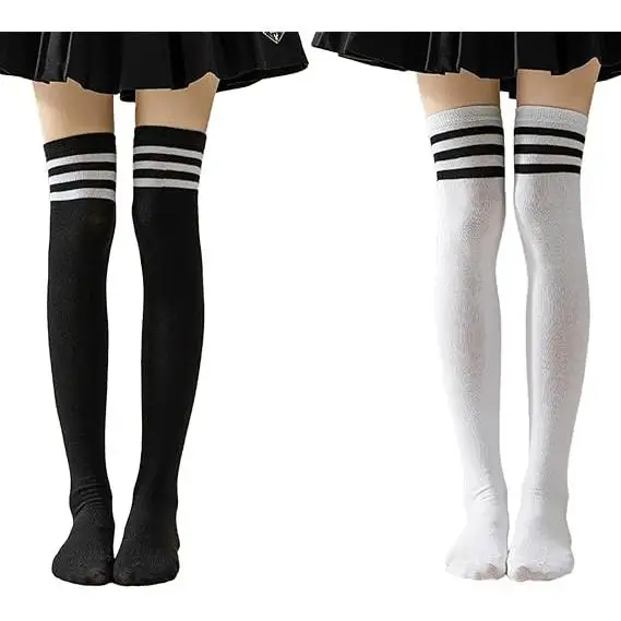 【4 pares】Calcetines Hasta La Rodilla, Blanca y Negra con Raya, Media Calcetines Largos Mujer, Calcetines Largos Niña, Calcetines Mujer Largos, Calcetines Rayas, Adecuado Para Calcetines Altos De Mujer