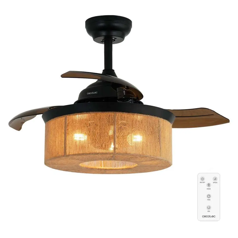 Ventilador de techo de diseño con motor DC, con una potencia de 40W y lámpara integrada, con 3 aspas retráctiles, 36 pulgadas, control remoto, 3 