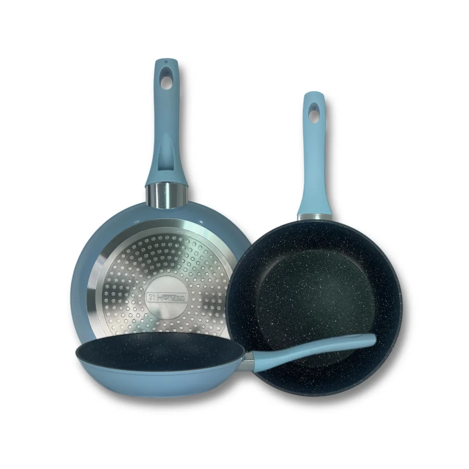 Sartenes de Cocina Color Azul Celeste Horizon, De Aluminio Forjado, Revestimiento Aspecto Piedra, Antihaderente Tricapa, Compatible con Gas, Vitrocerámica y Cocinas De Inducción, Libre De Pfoa