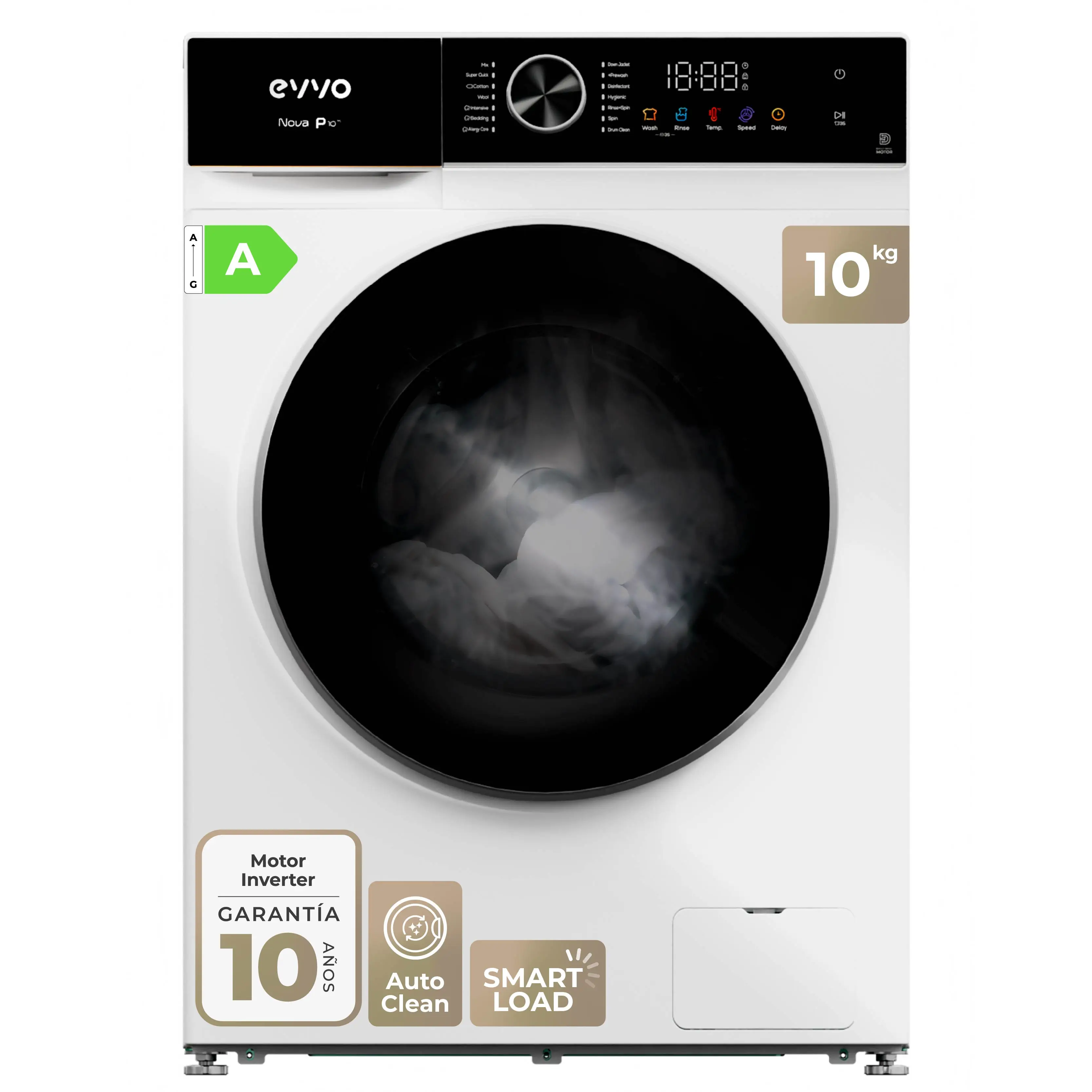 EVVO Lavadora 10 kg carga frontal Nova P10, 1200 rpm, Clase energética A, , Lavado Rápido 15'