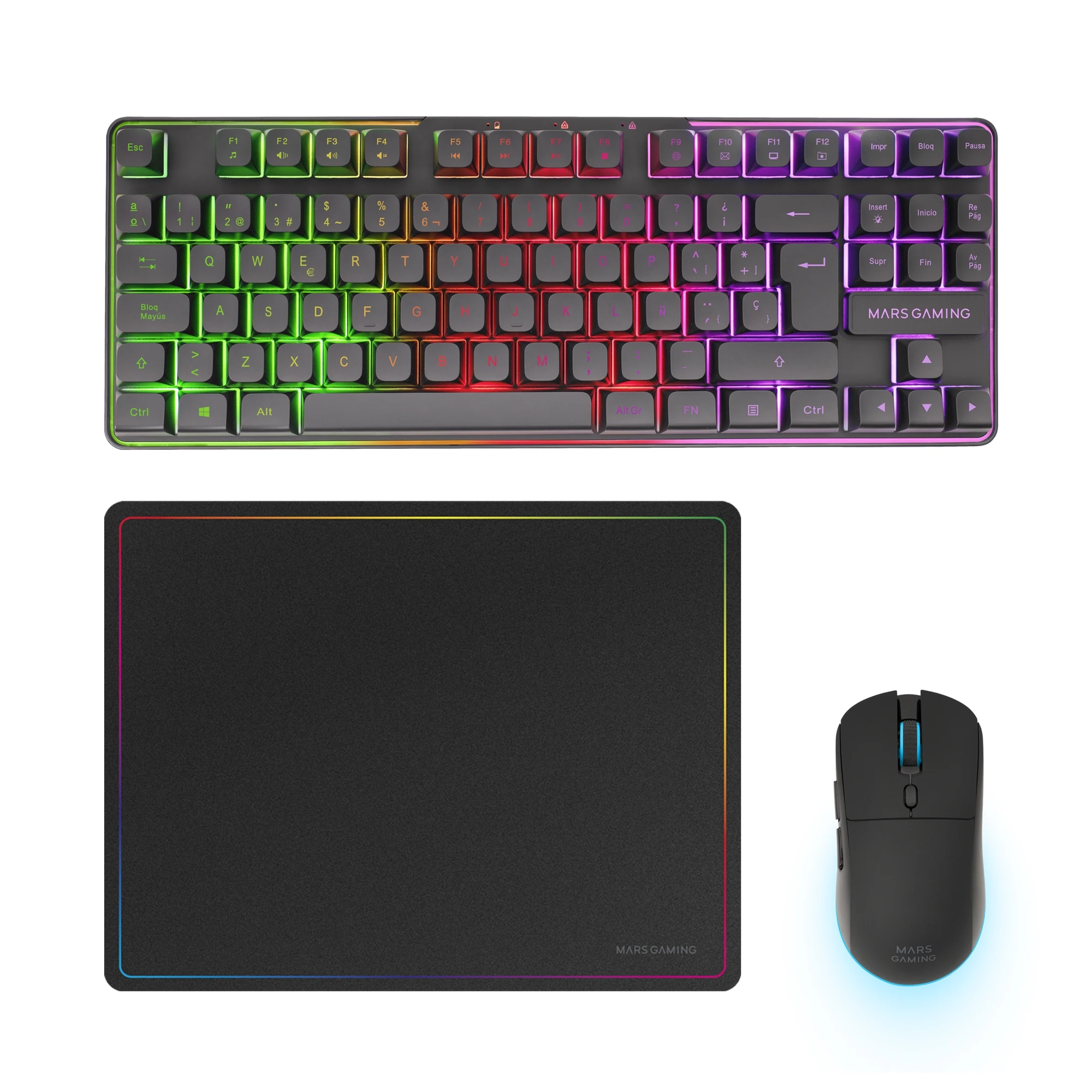 Mars Gaming MCPWTKL, Combo Gaming Inalámbrico, Tecnología DualPro Link 2.4GPRO, Teclado TKL FRGB Rainbow + Ratón RGB 3200DPI y Switches HUANO + Alfombrilla Antideslizante 360x260mm, Combo PC