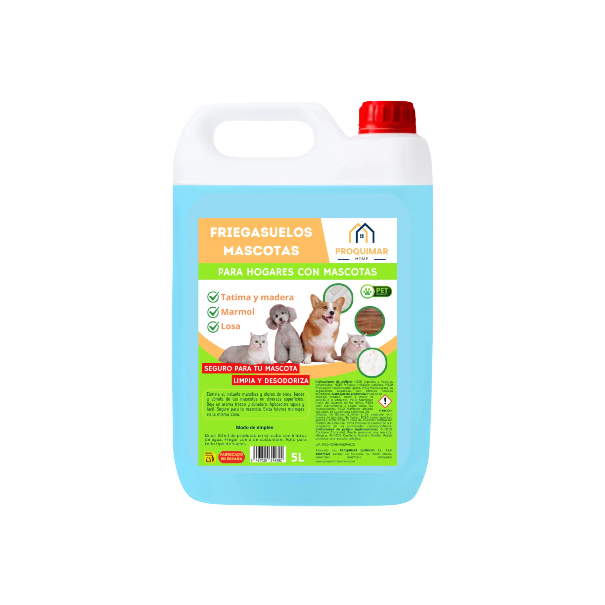 Proquimar | Fregasuelos Mascotas – Limpiador Concentrado Perfumado | Elimina Olores y Manchas de las Mascotas | Suelo Limpio y Seguro para Perros y Gatos | Apto para Todo Tipo de Suelos – 5L
