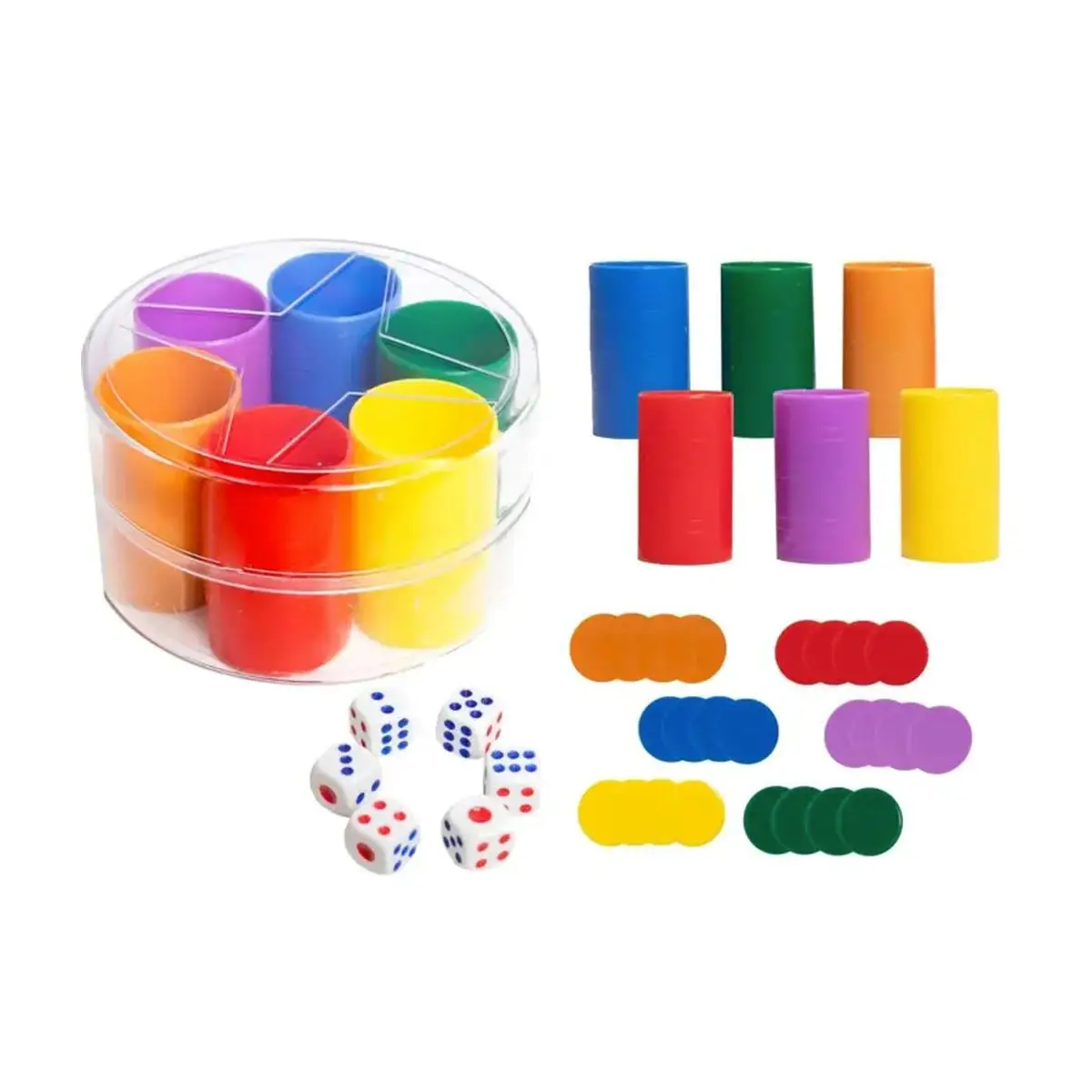 Set de 6 cubiletes de plástico con 4 fichas y 1 Dado | Pack de 6 cubiletes con Colores: Rojo, Morado, Verde, Naranja, Azul y Amarillo con Dado | Ideal para parchís y oca - Marukatsu