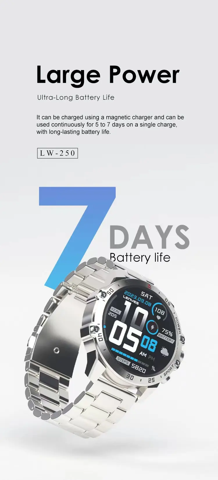 Reloj inteligente LENYES LW-250: pantalla AMOLED táctil de 1,43'', resistencia al agua IP68, monitor de ritmo cardíaco y sueño, Bluetooth 5.2, app GloryFit y carcasa de aleación de zinc