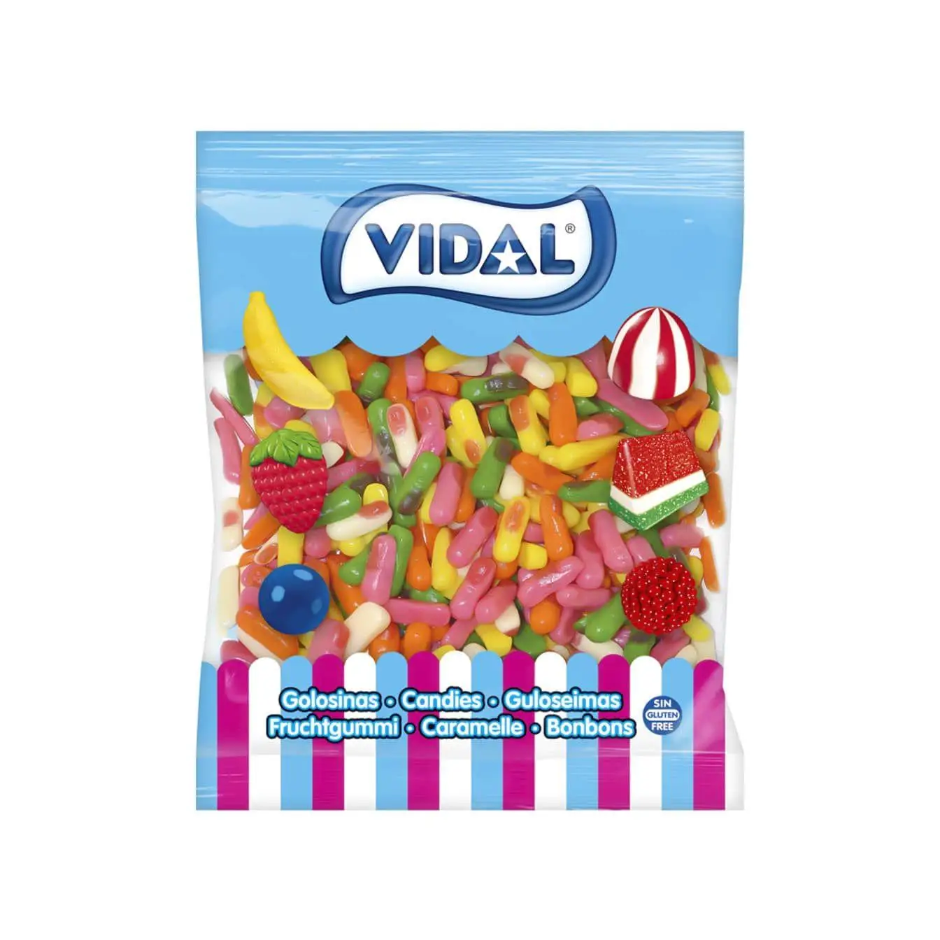 Gominolas Vidal Mini Dedos Surtidos bolsa 1 Kg - Variado mix de divertidos y riquísimos deditos. Divertidos dedos de golosina de llamativos colores y atractivo sabor a frambuesa en tamaño mini. ¡Para chuparse los dedos! - Sin Gluten y sin Grasa